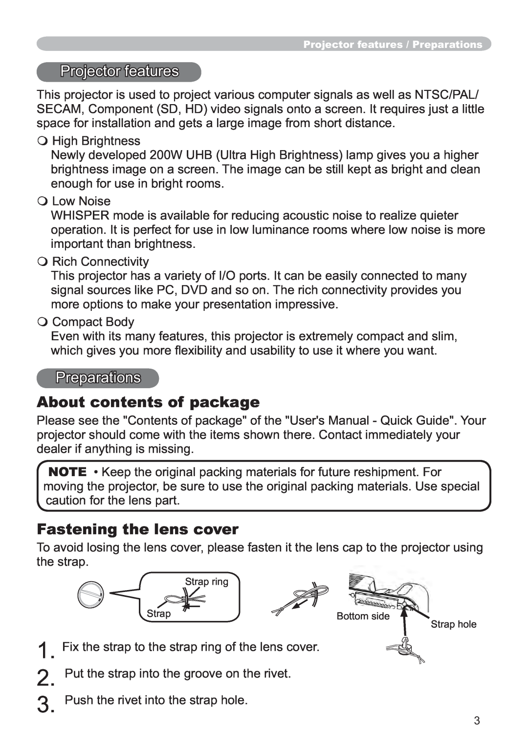 Hitachi CP-X251 user manual Projector features, Preparations, About contents of package, Fastening the lens cover 