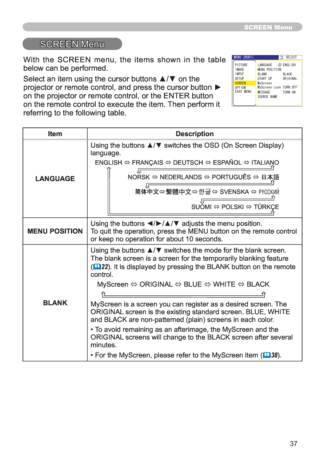 Hitachi CP-X251 user manual SCREEN Menu, Description, Language, Blank 