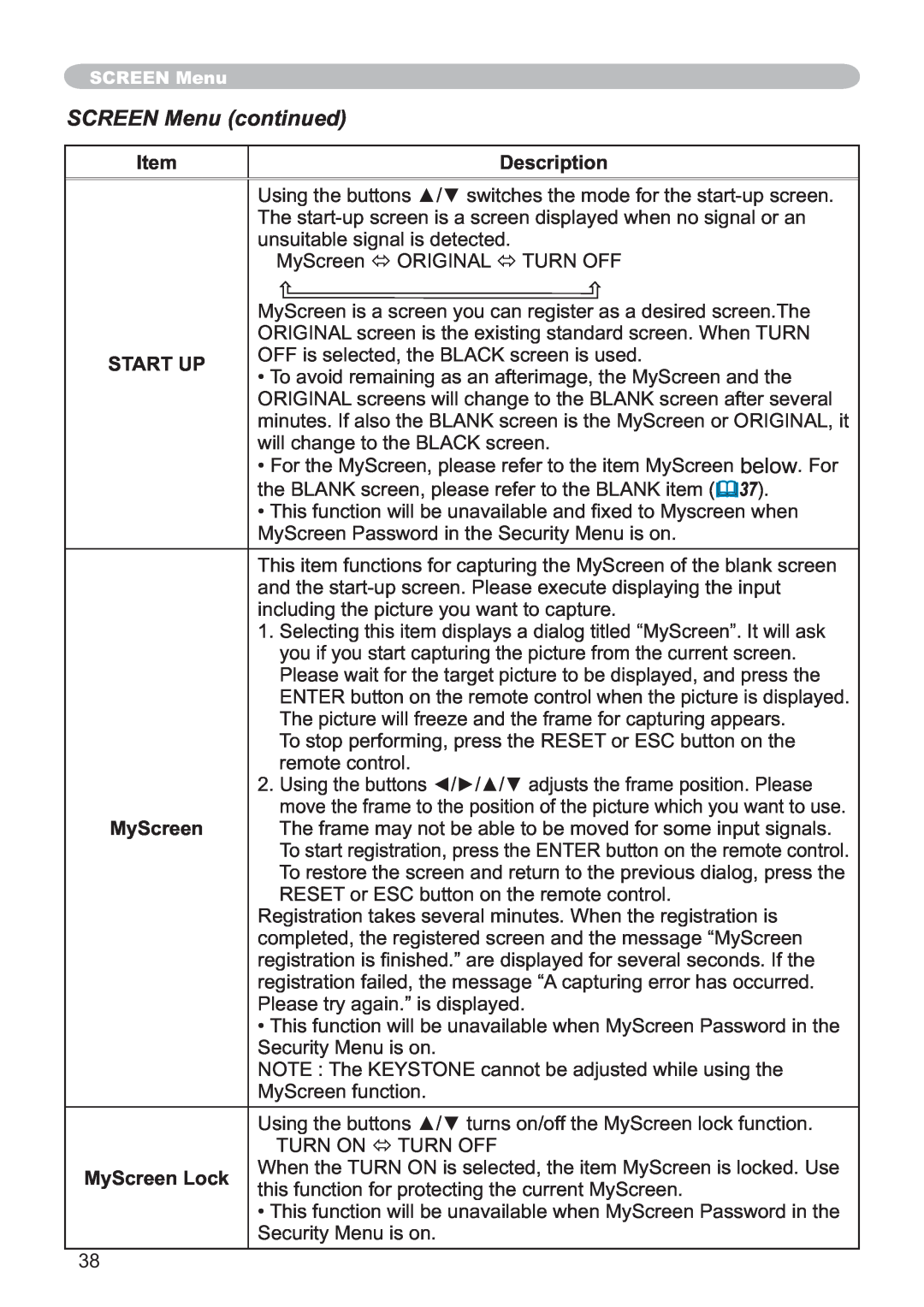 Hitachi CP-X251 user manual SCREEN Menu continued, Description, Start Up, MyScreen Lock 