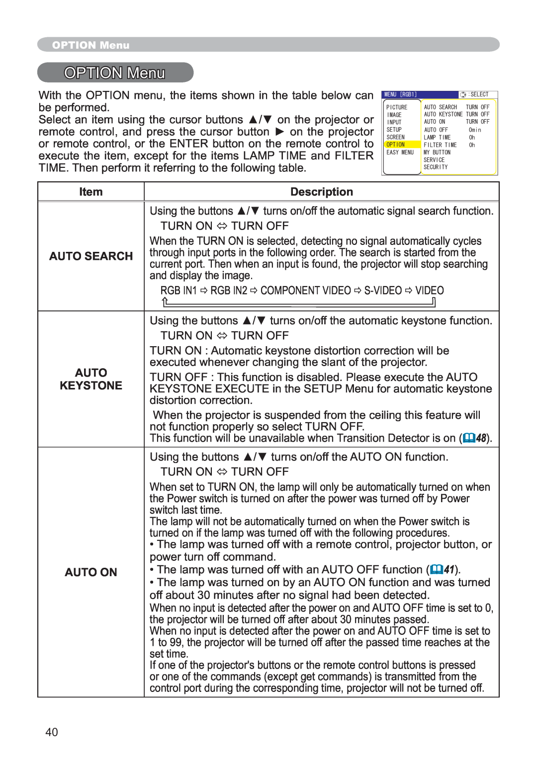 Hitachi CP-X251 user manual OPTION Menu, Description, Auto Search, Keystone, Auto On 