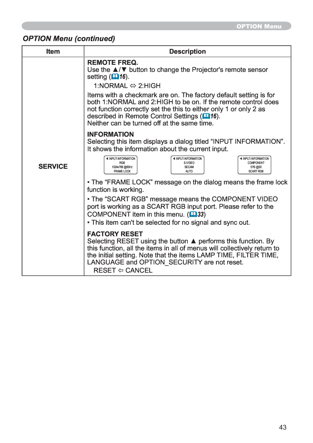 Hitachi CP-X251 user manual OPTION Menu continued, Description, Remote Freq, Information, Service 