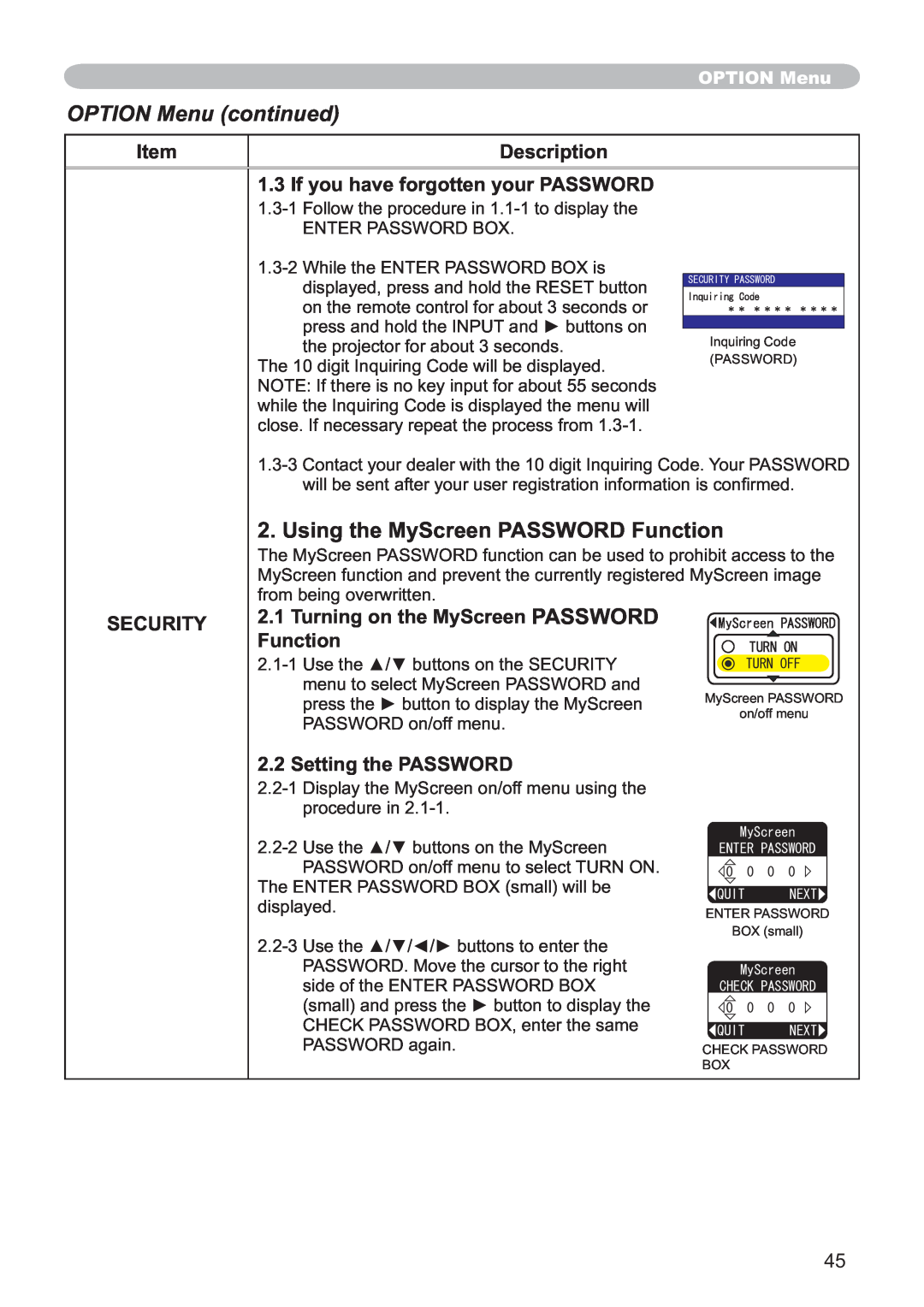 Hitachi CP-X251 Using the MyScreen PASSWORD Function, OPTION Menu continued, Description, Security, Setting the PASSWORD 