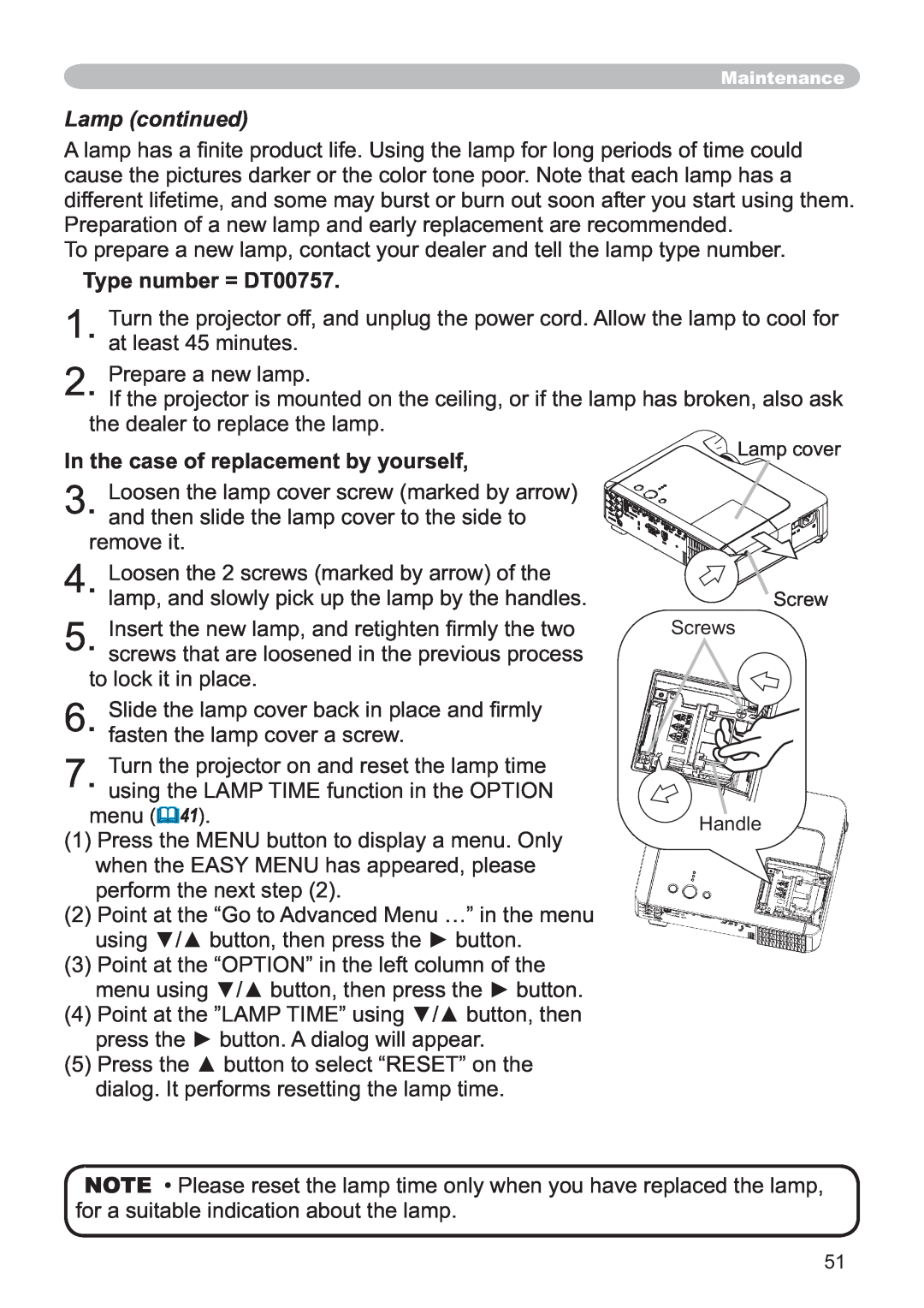 Hitachi CP-X251 user manual Lamp continued, Type number = DT00757, In the case of replacement by yourself 