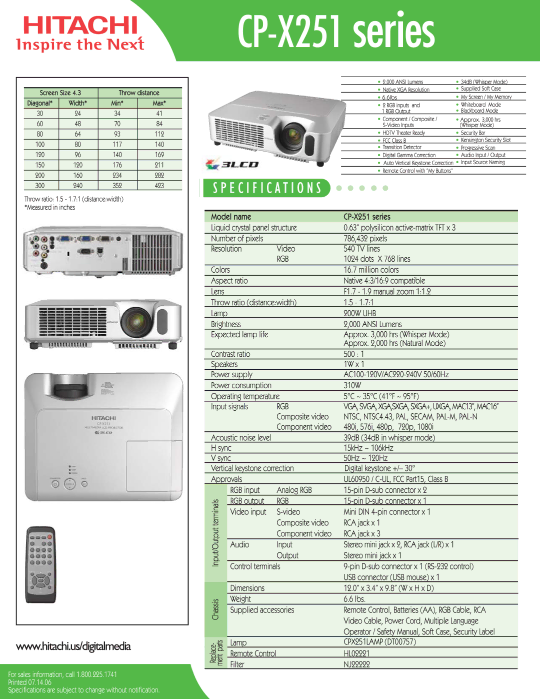 Hitachi specifications CP-X251 series, CPX251LAMP DT00757 