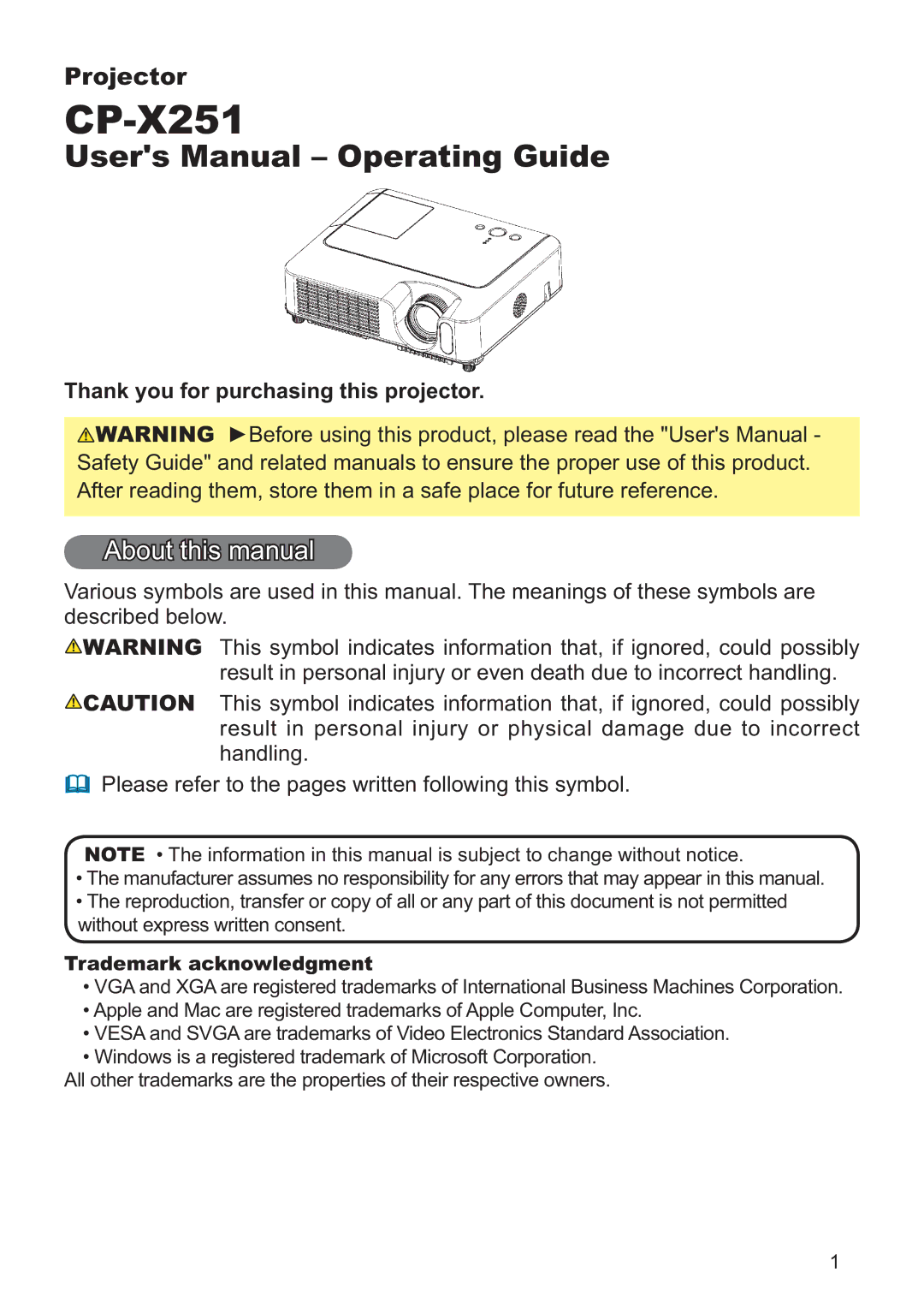 Hitachi CP-X251 user manual About this manual, Thank you for purchasing this projector, Trademark acknowledgment 