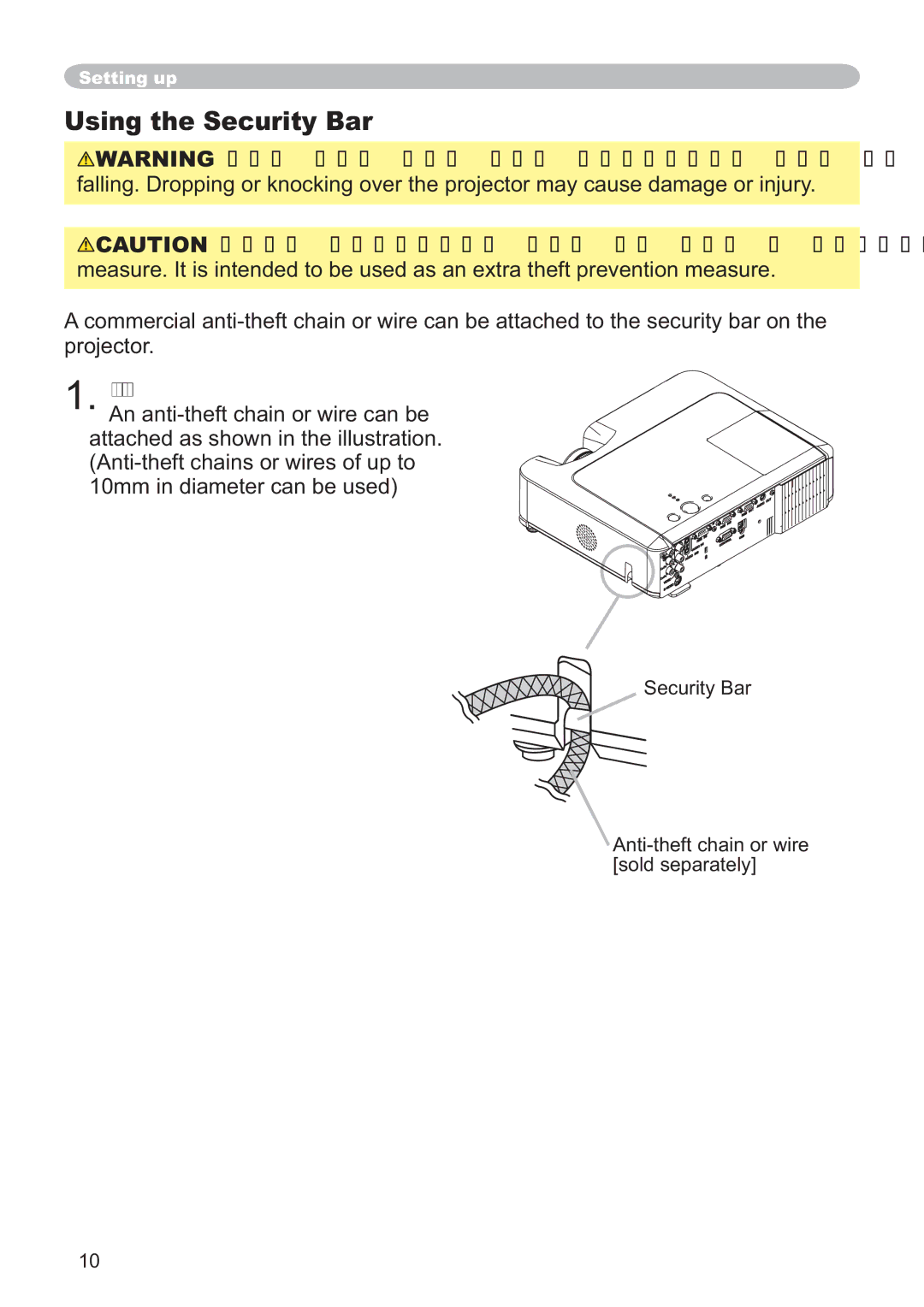 Hitachi CP-X251 user manual Using the Security Bar, How to attach, Security Bar Anti-theft chain or wire sold separately 