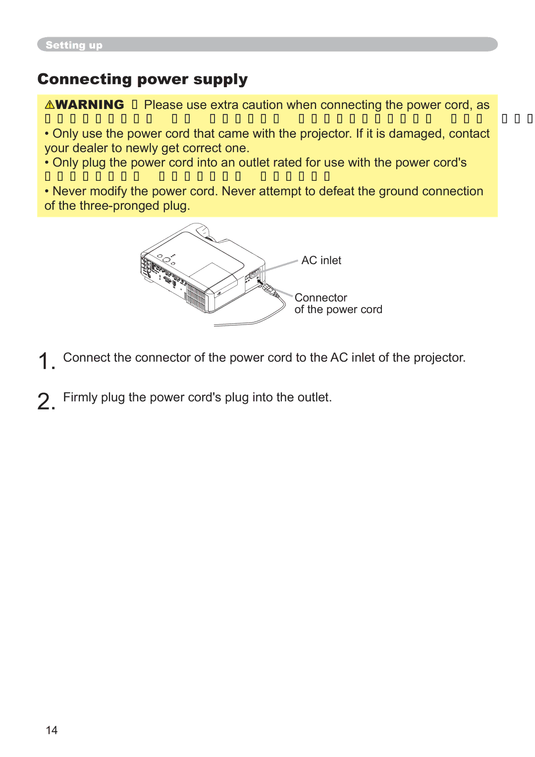 Hitachi CP-X251 user manual Connecting power supply, AC inlet Connector Power cord 