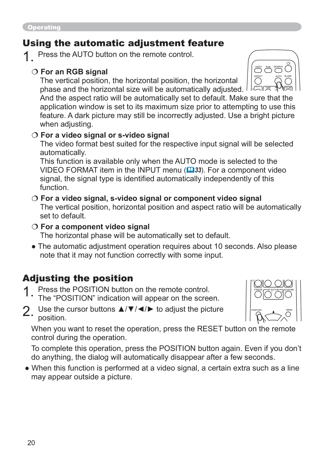 Hitachi CP-X251 Using the automatic adjustment feature, Adjusting the position, € For a video signal or s-video signal 