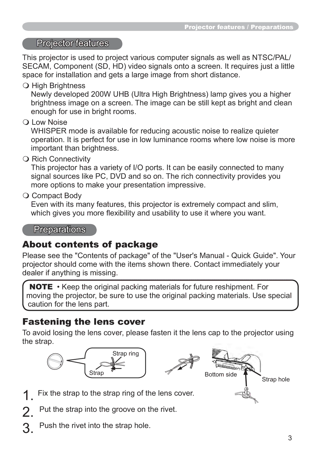 Hitachi CP-X251 user manual About contents of package Fastening the lens cover 