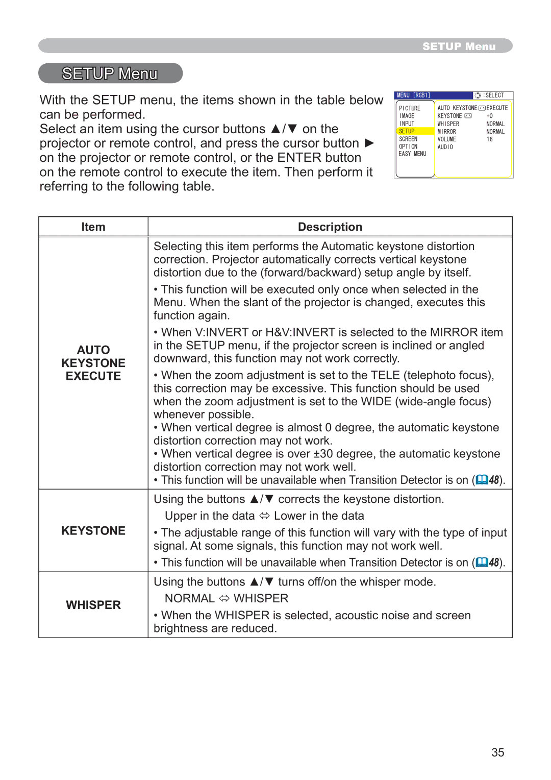 Hitachi CP-X251 user manual Setup Menu, Keystone Execute, When the zoom adjustment is set to the Tele telephoto focus 