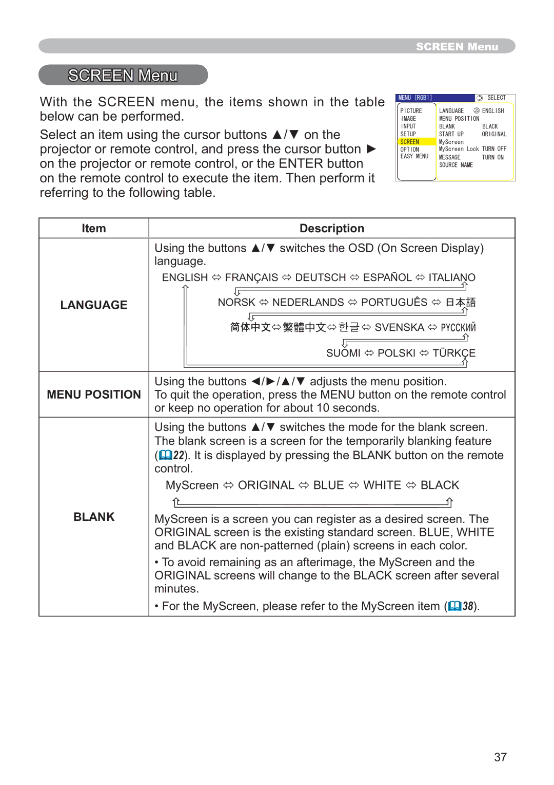 Hitachi CP-X251 user manual Screen Menu, Blank 