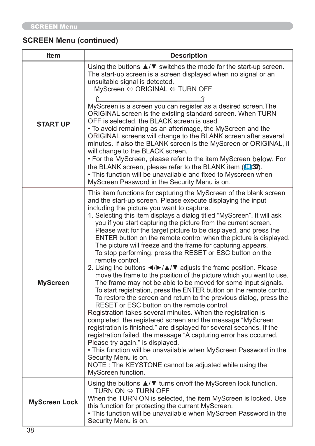 Hitachi CP-X251 user manual Screen Menu, Start UP, MyScreen Lock 