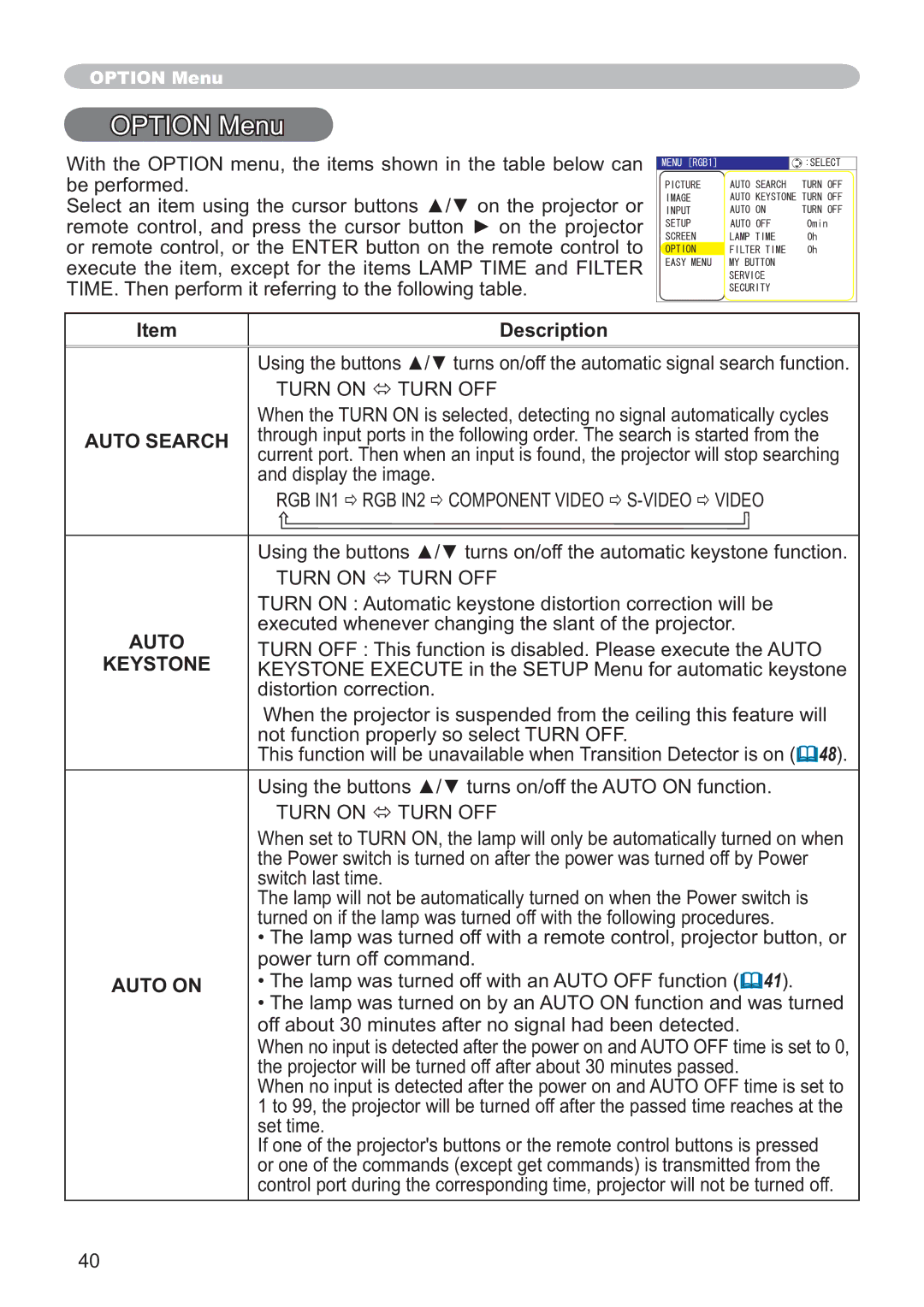 Hitachi CP-X251 user manual Option Menu, Auto Search, Auto on 