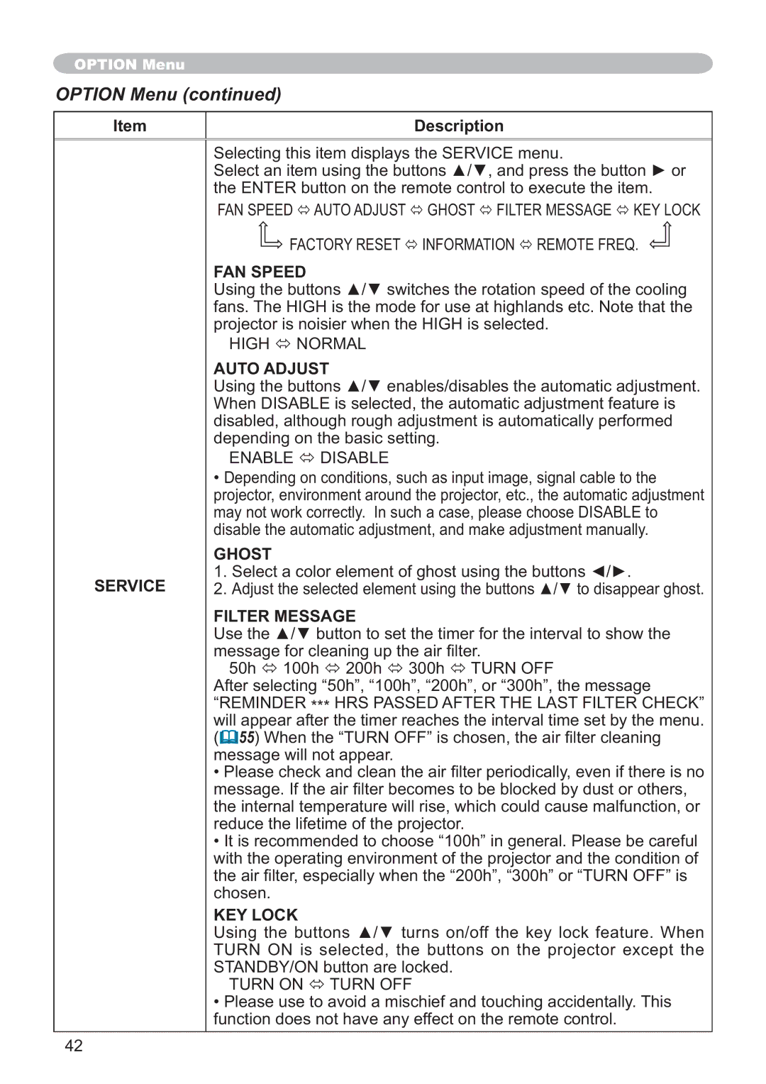 Hitachi CP-X251 user manual Service, High Ù Normal, Enable Ù Disable 