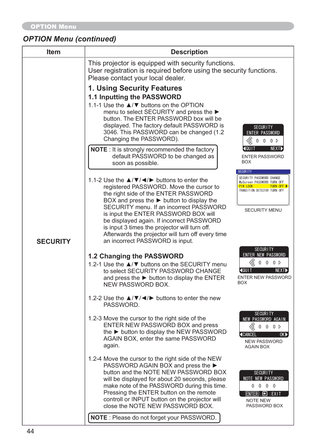 Hitachi CP-X251 user manual Using Security Features, Inputting the Password, Changing the Password 