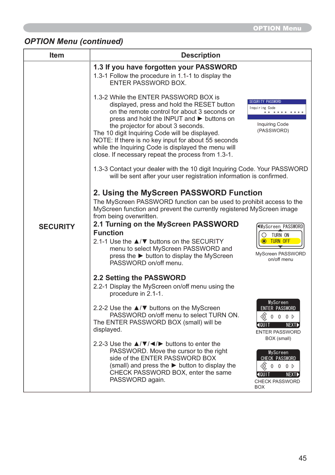 Hitachi CP-X251 user manual Using the MyScreen Password Function, Description If you have forgotten your Password 