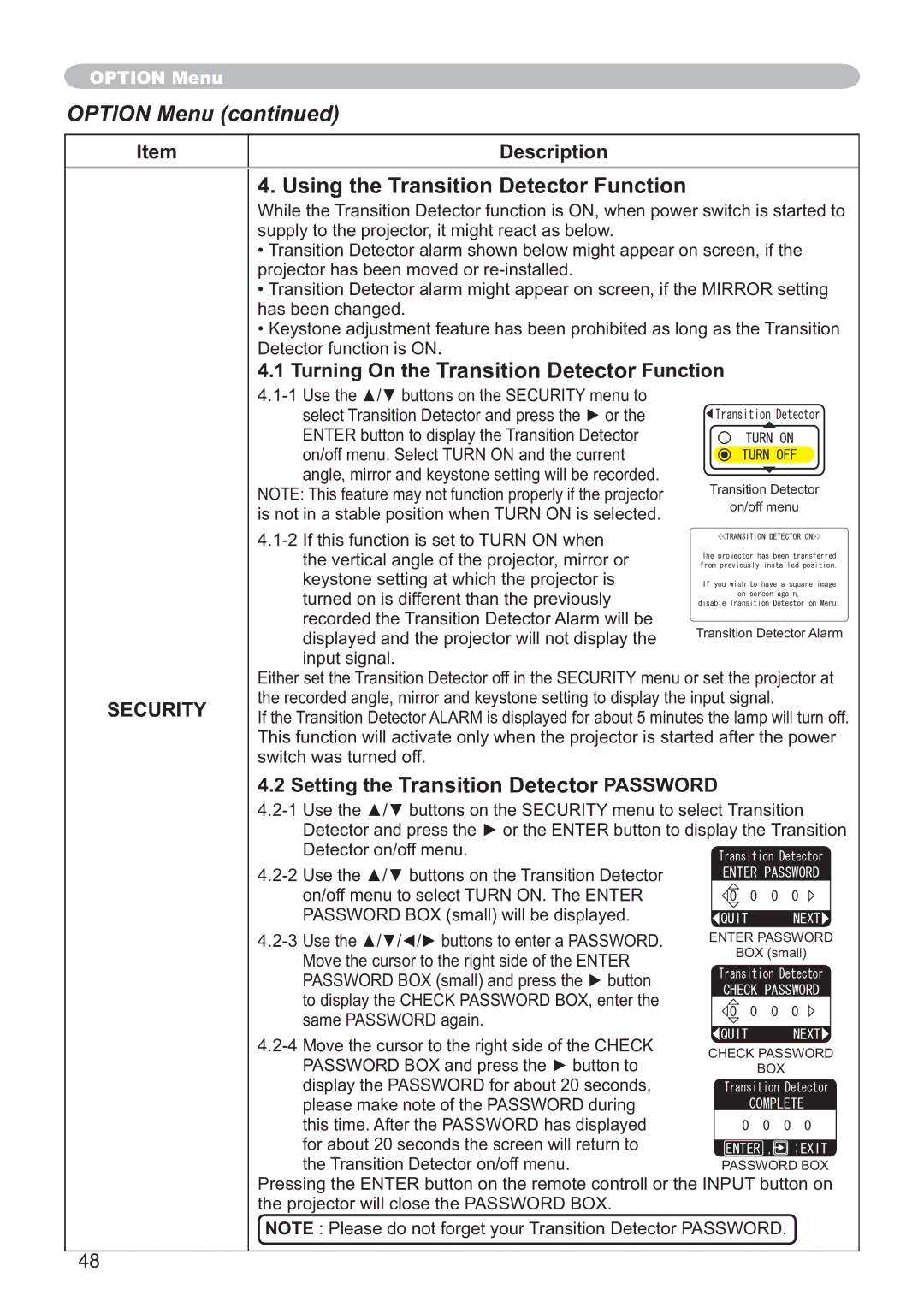 Hitachi CP-X251 user manual Using the Transition Detector Function, Turning On the Transition Detector Function 