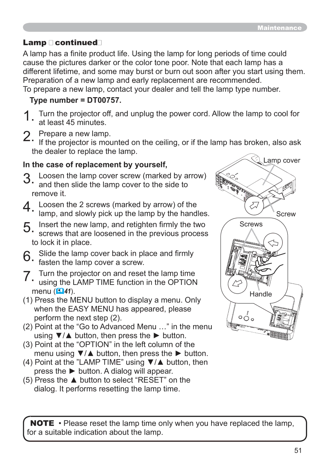 Hitachi CP-X251 user manual Lamp, Type number = DT00757, Case of replacement by yourself, To lock it in place 