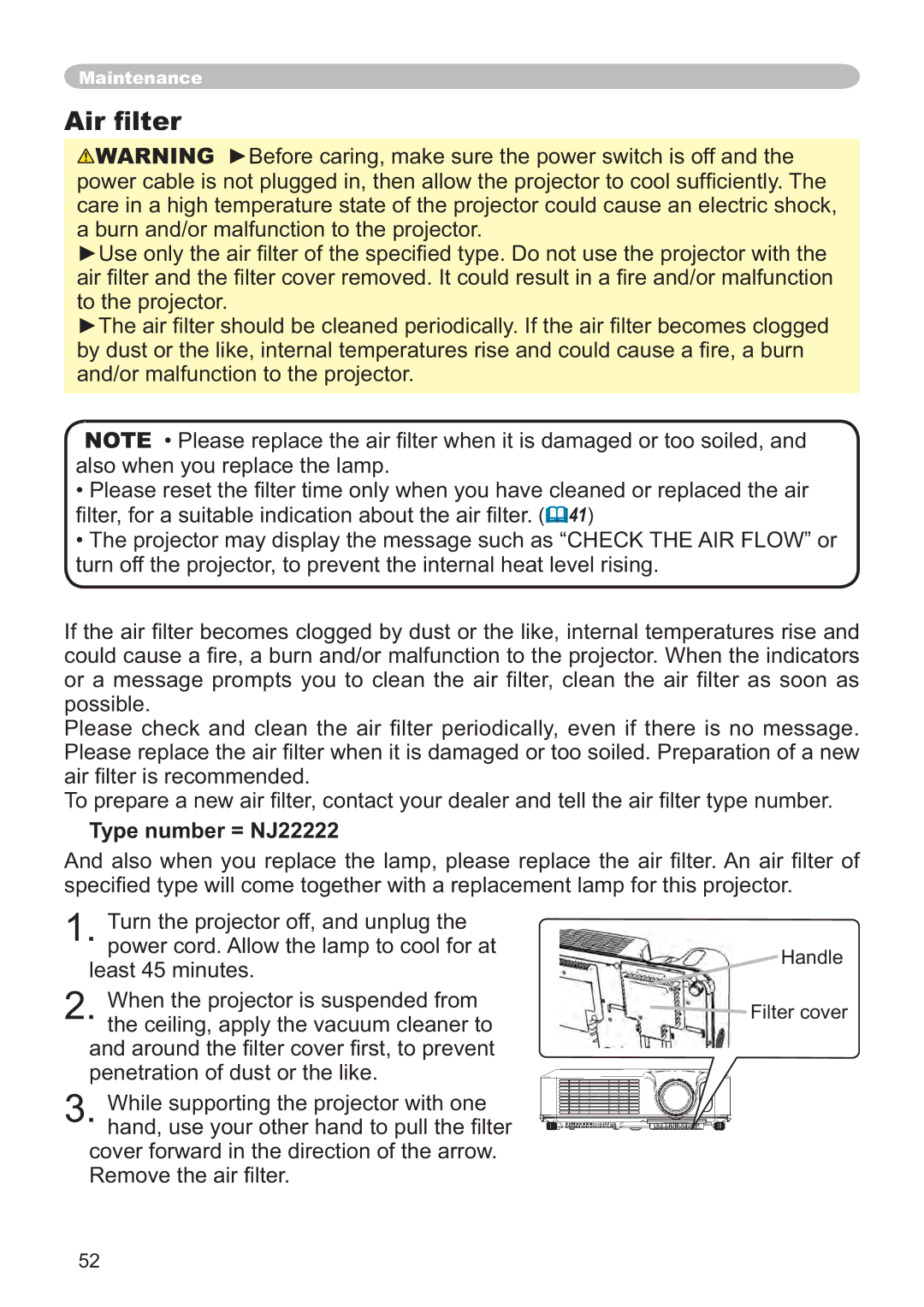 Hitachi CP-X251 user manual Type number = NJ22222, Handle Filter cover 