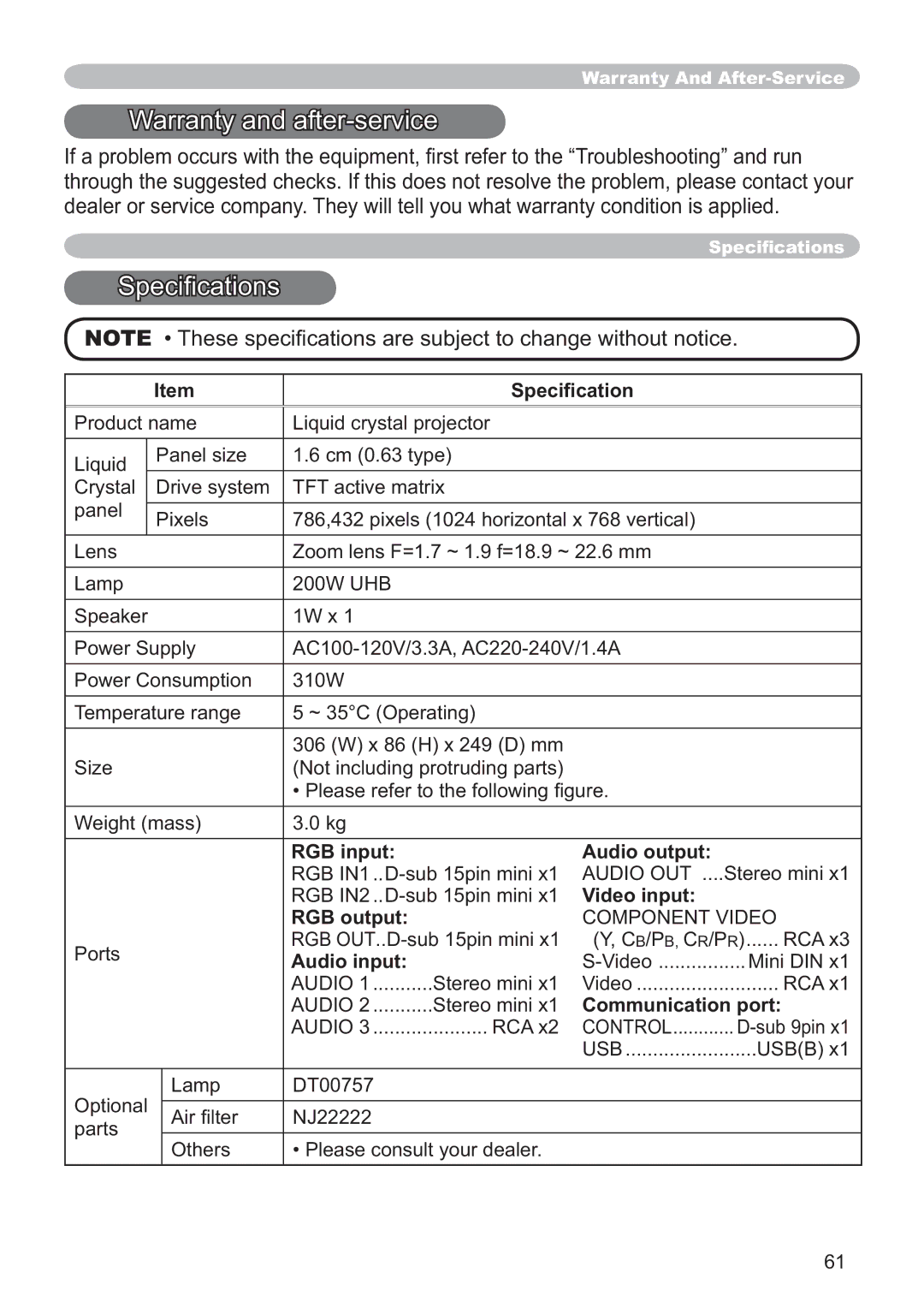 Hitachi CP-X251 user manual Warranty and after-service, 6SHFL¿FDWLRQ 