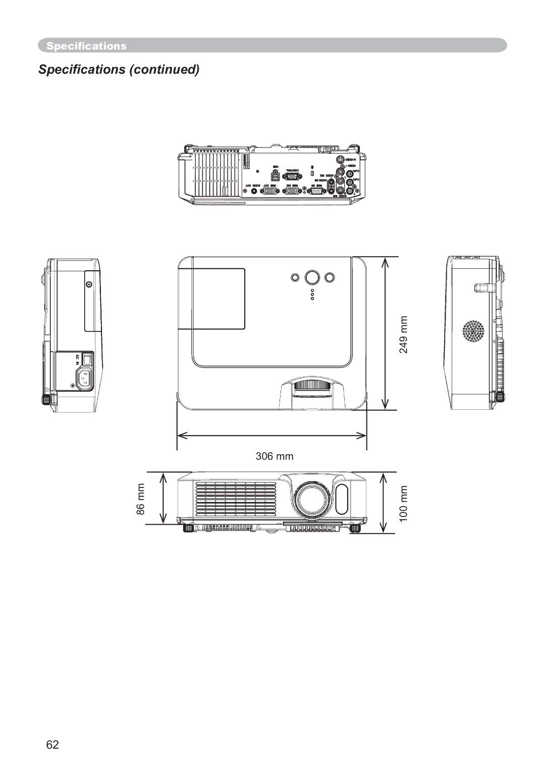 Hitachi CP-X251 user manual 6SHFL¿FDWLRQVFRQWLQXHG 