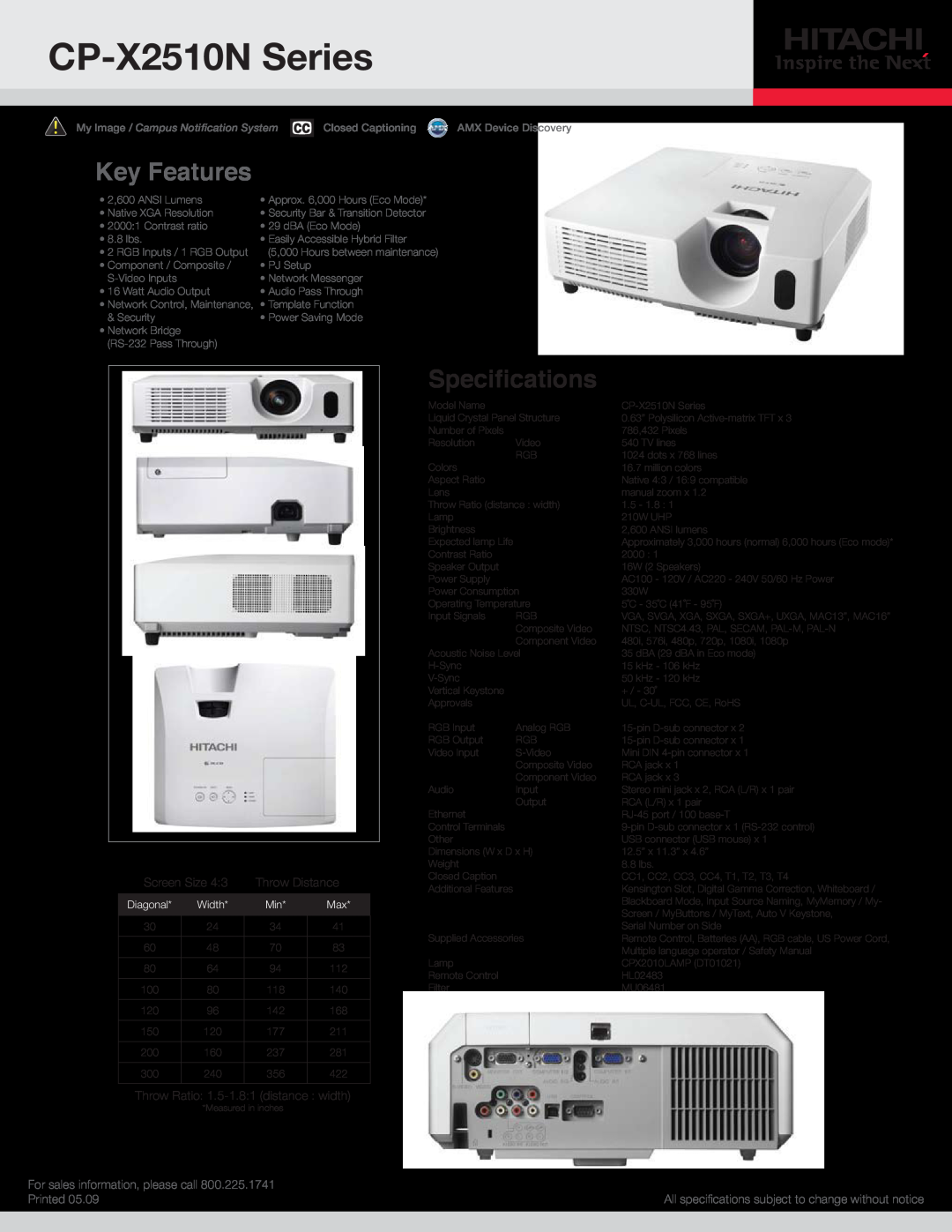 Hitachi specifications CP-X2510N Series, Key Features, Speciﬁcations, Screen Size, Throw Distance, Printed, Diagonal 