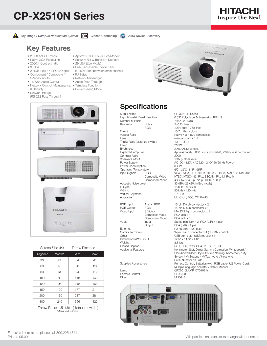 Hitachi specifications CP-X2510N Series, Key Features, Speciﬁcations, Screen Size Throw Distance 