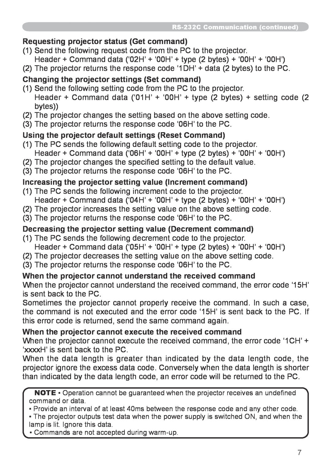 Hitachi CP-X253 user manual Requesting projector status Get command, Changing the projector settings Set command 