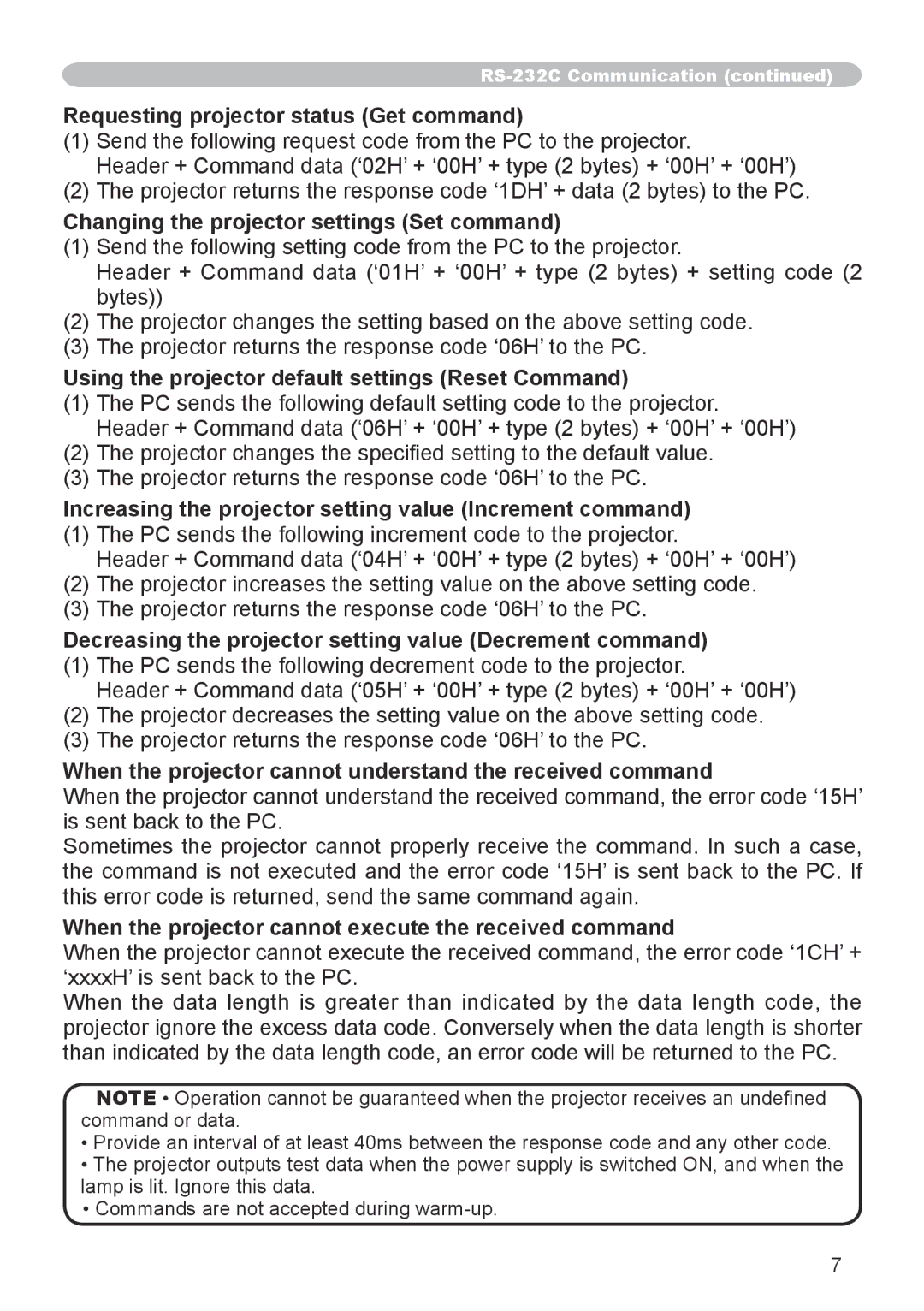 Hitachi CP-X253 user manual Requesting projector status Get command 