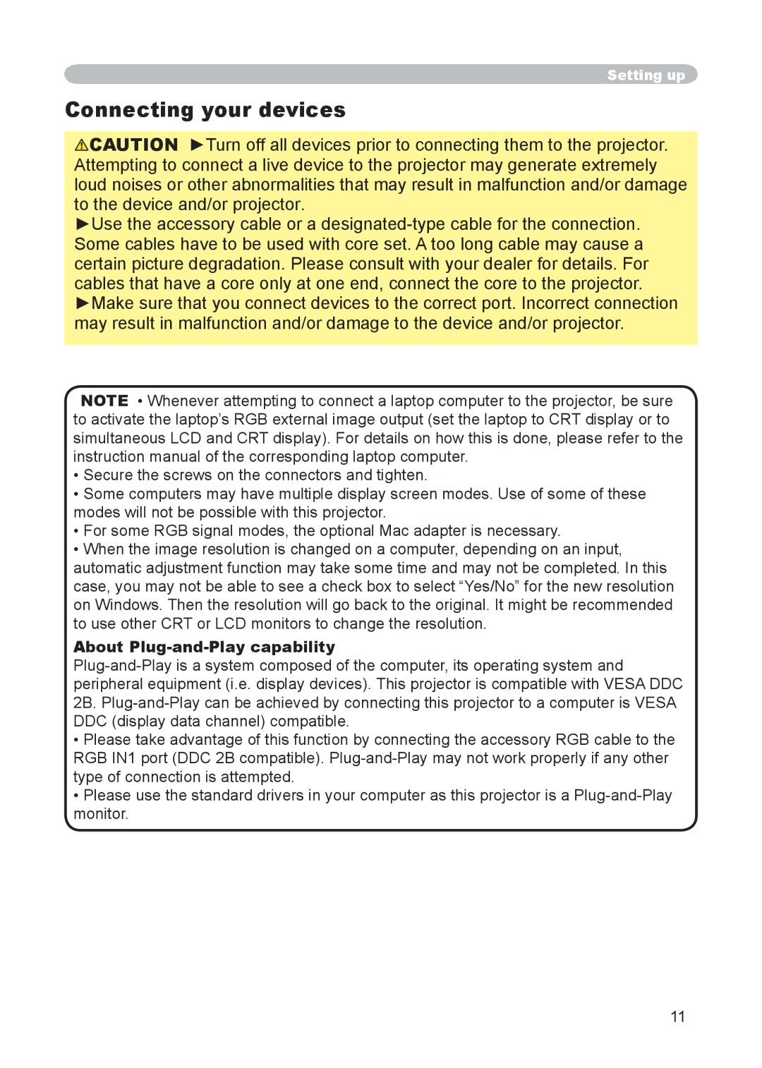 Hitachi CP-X255 user manual Connecting your devices, About Plug-and-Play capability 