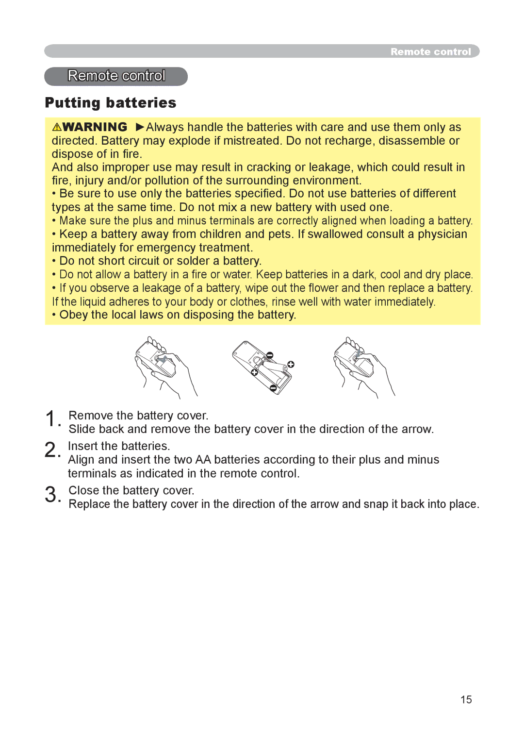 Hitachi CP-X255 user manual Remote control, Putting batteries 