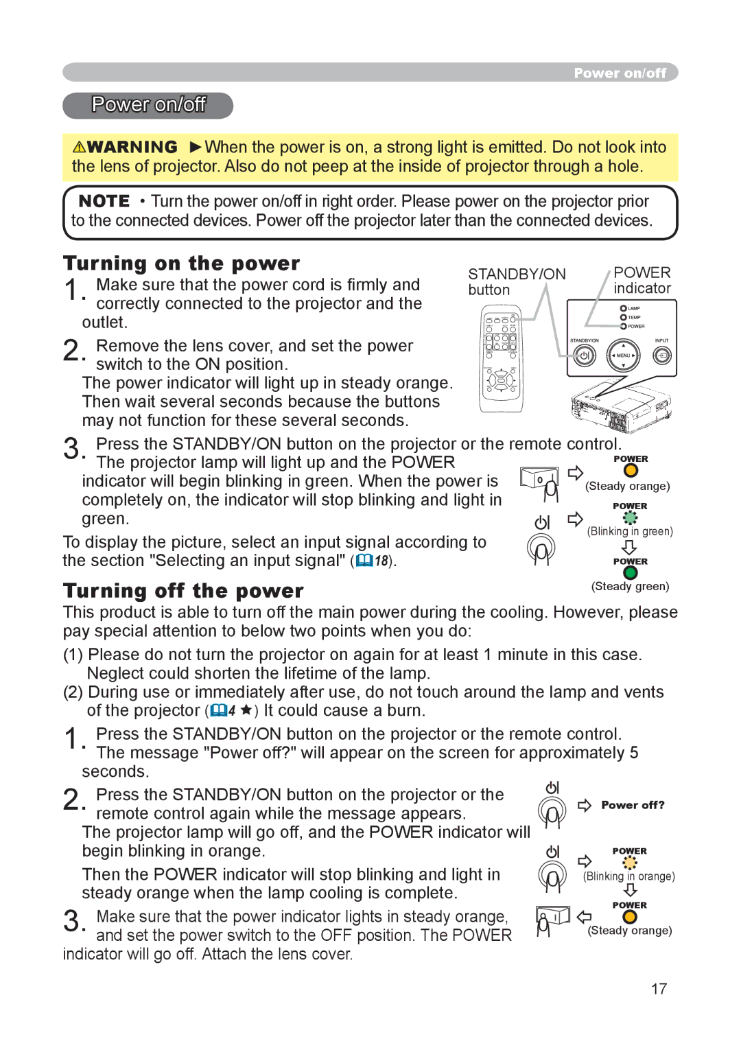 Hitachi CP-X255 user manual Power on/off, Turning on the power, Turning off the power 