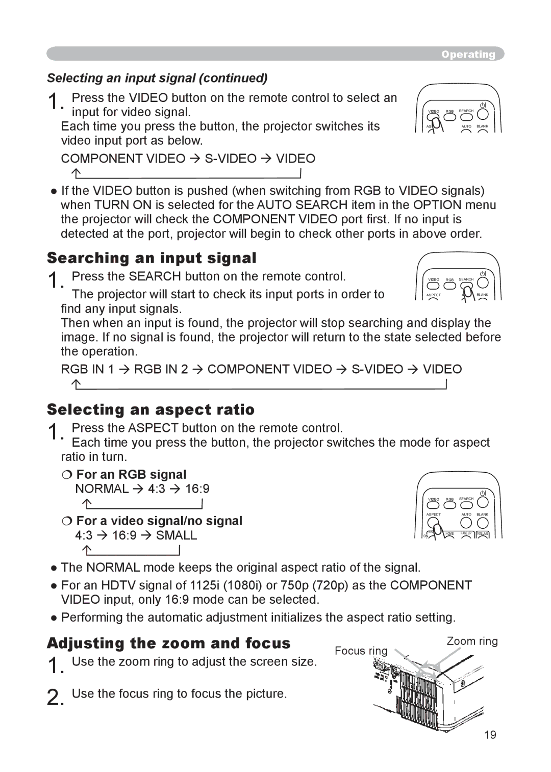 Hitachi CP-X255 user manual Searching an input signal, Selecting an aspect ratio, Adjusting the zoom and focus 