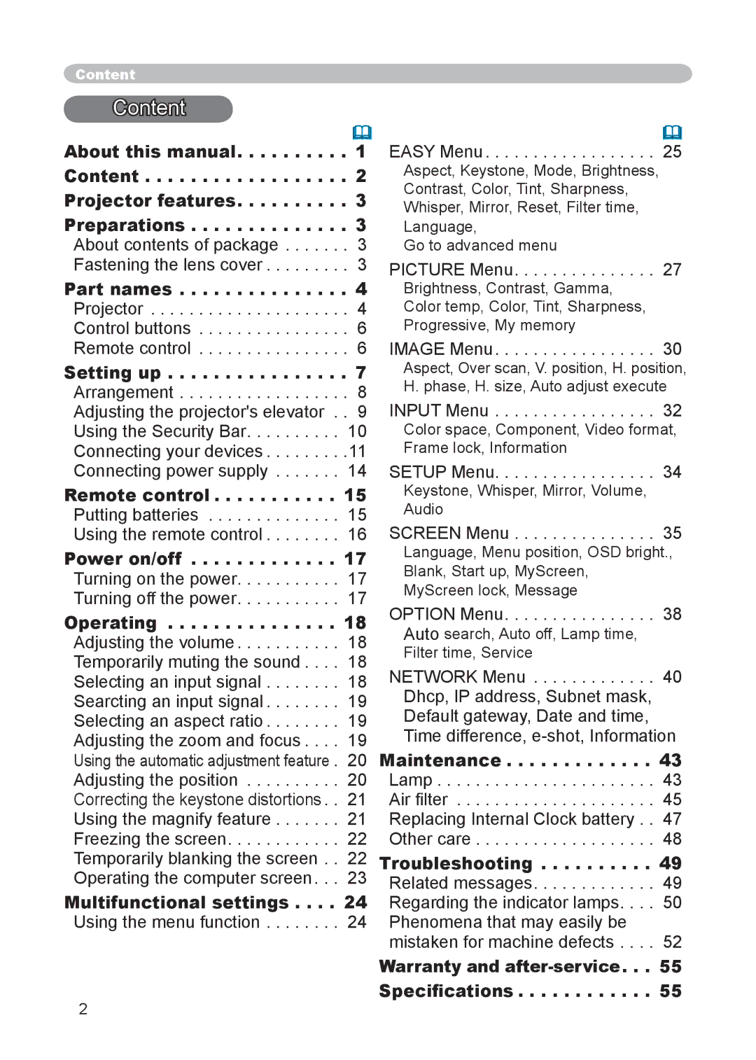 Hitachi CP-X255 user manual Content 