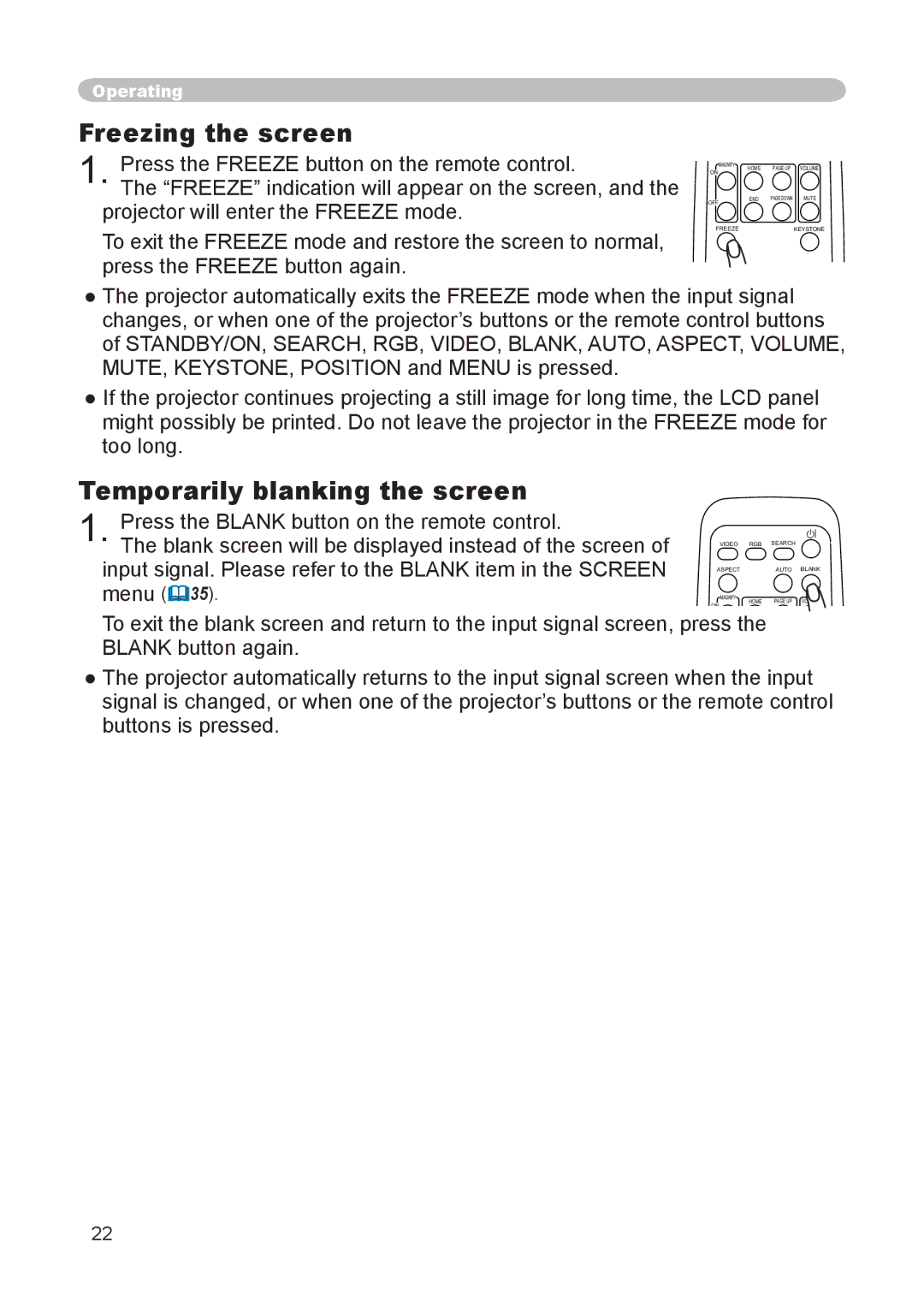 Hitachi CP-X255 user manual Freezing the screen, Temporarily blanking the screen 