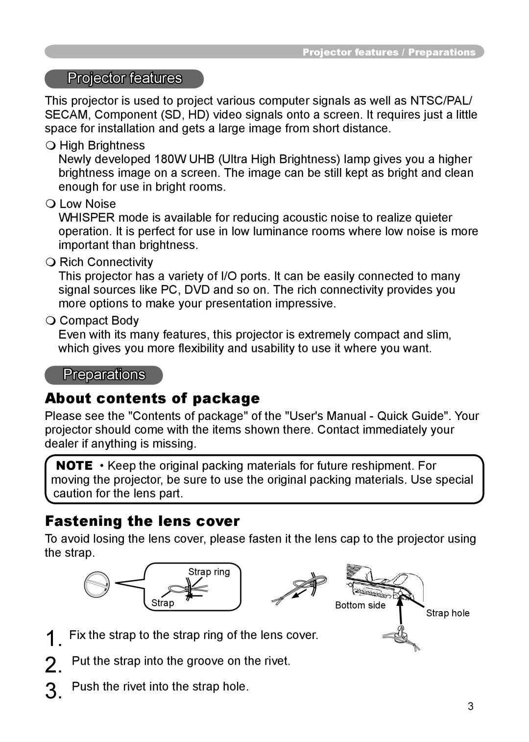 Hitachi CP-X255 user manual About contents of package Fastening the lens cover 