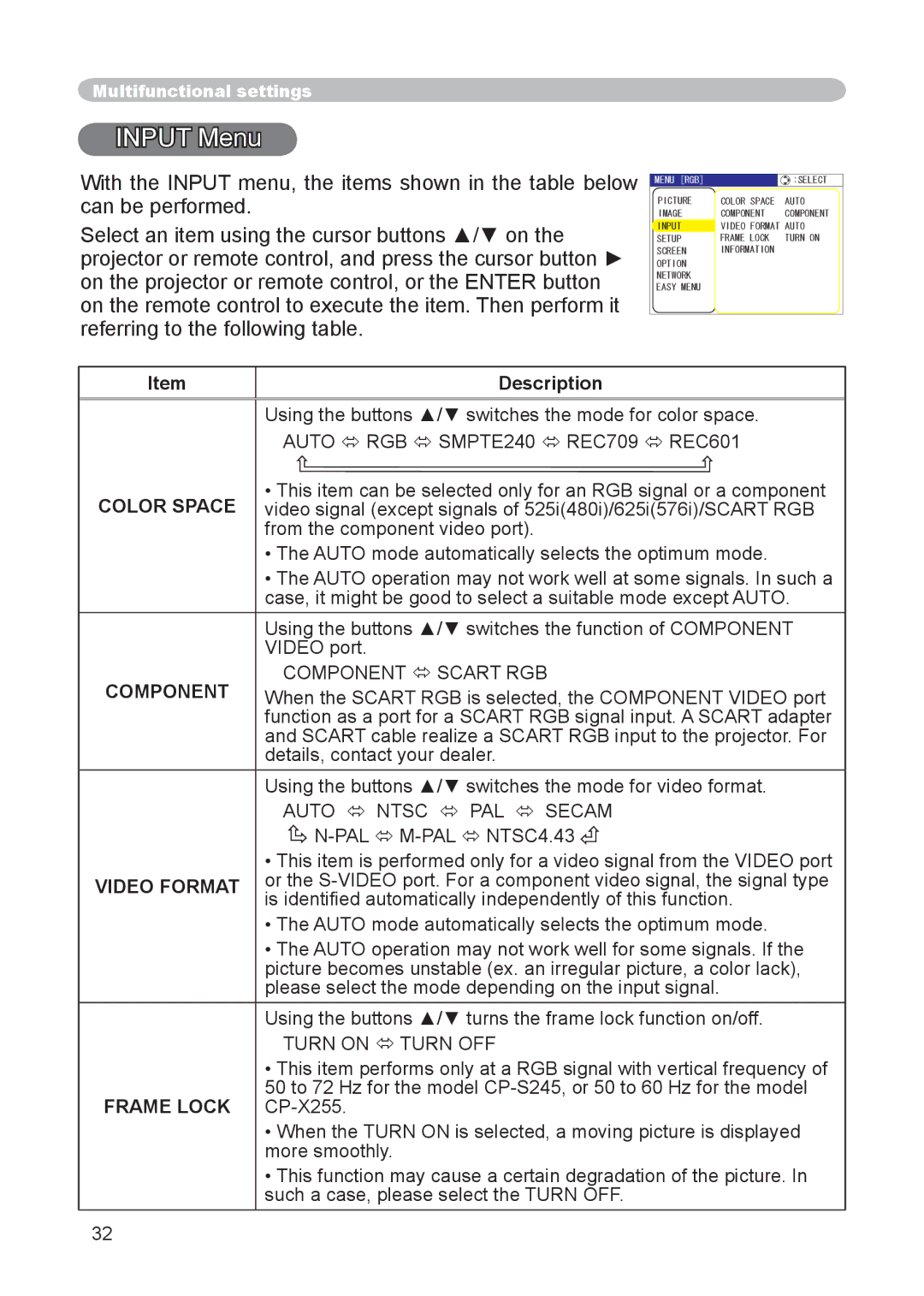 Hitachi CP-X255 user manual Input Menu, Color Space, Component, Video Format, Frame Lock 