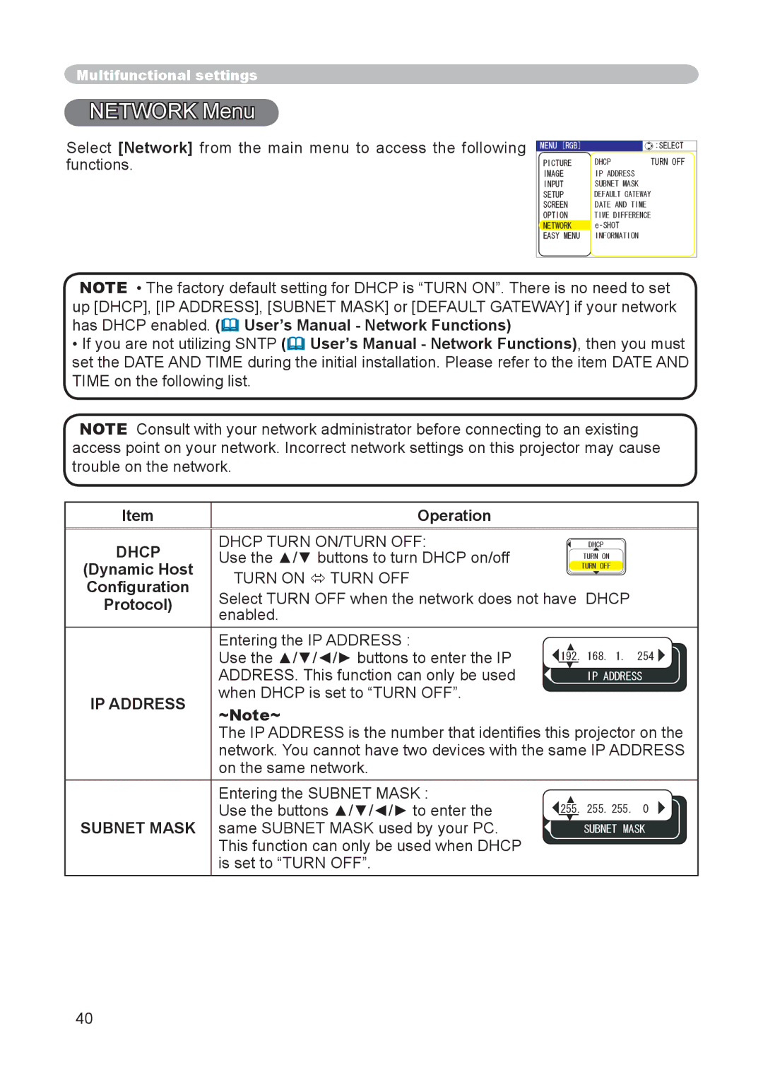 Hitachi CP-X255 user manual Network Menu, Dhcp, IP Address 