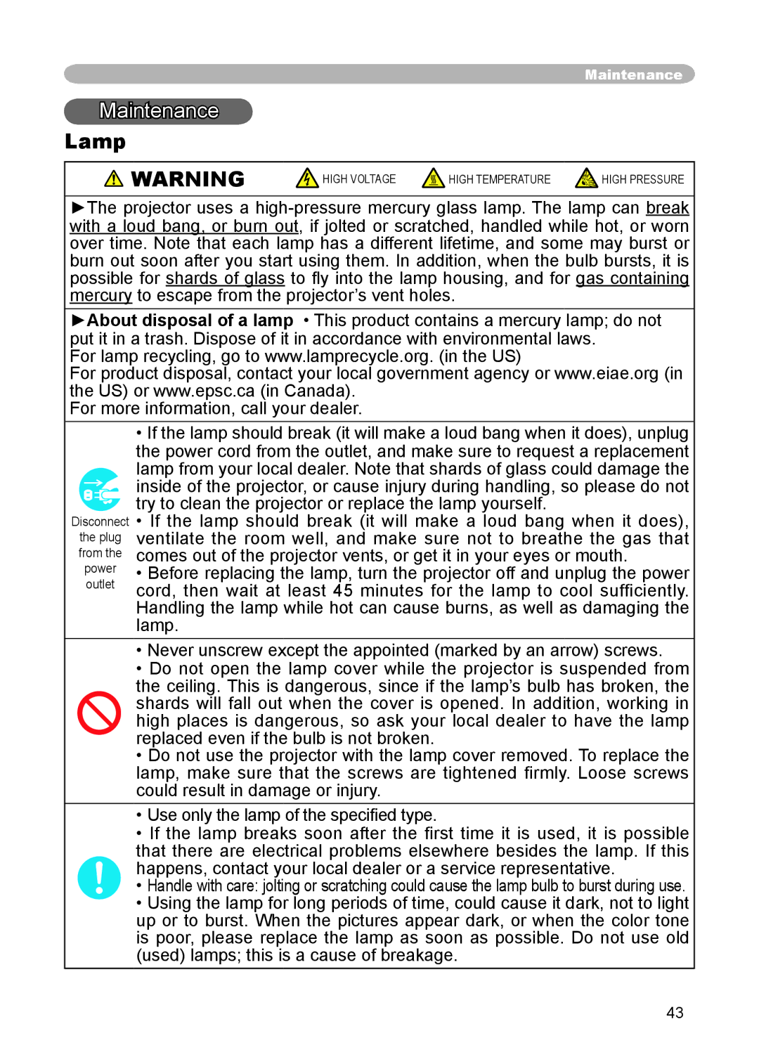 Hitachi CP-X255 user manual Maintenance, Lamp 