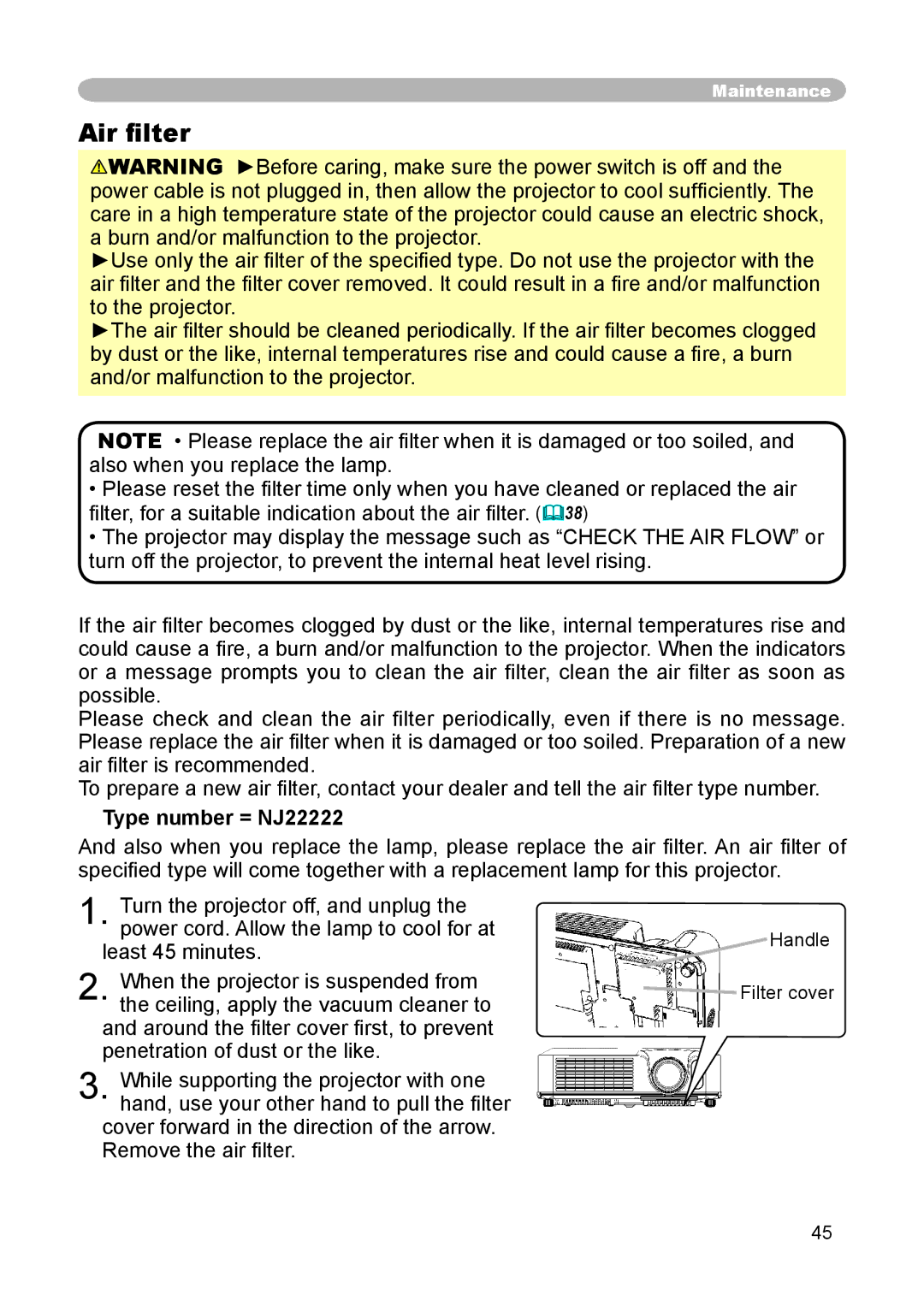 Hitachi CP-X255 user manual Air ﬁlter, Type number = NJ22222 