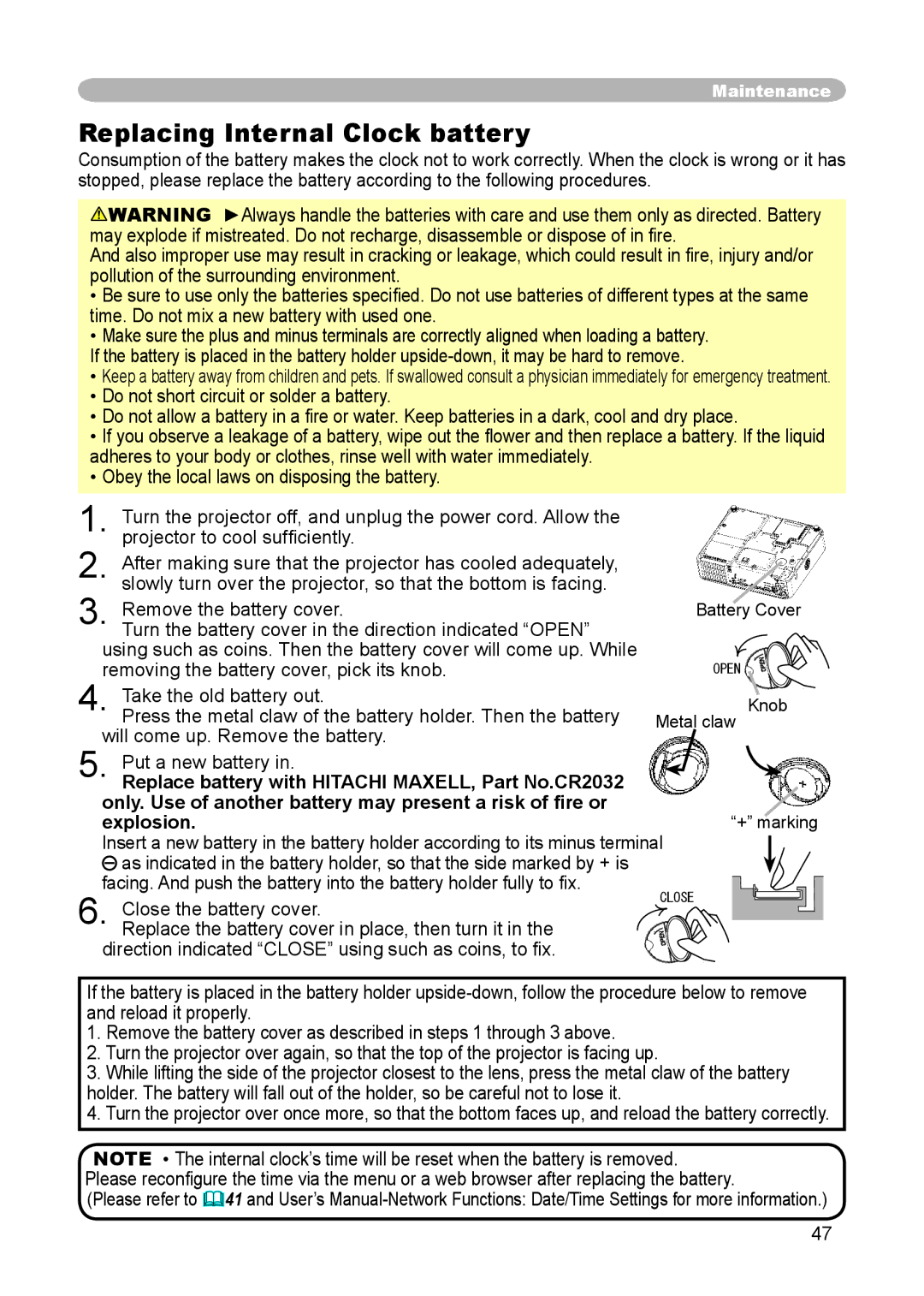 Hitachi CP-X255 user manual Replacing Internal Clock battery 