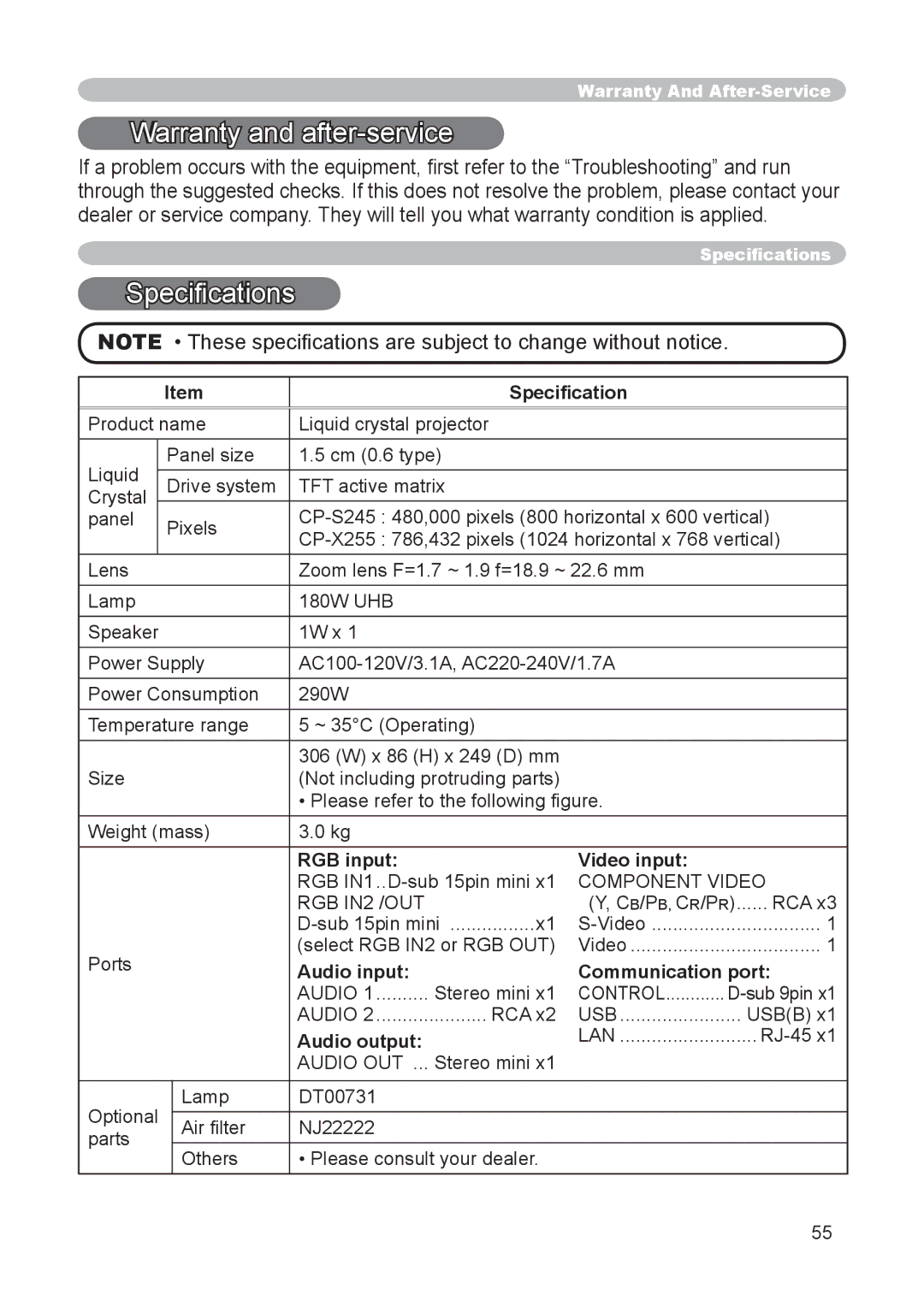 Hitachi CP-X255 user manual Speciﬁcation, RGB input Video input, Audio input Communication port, Audio output 