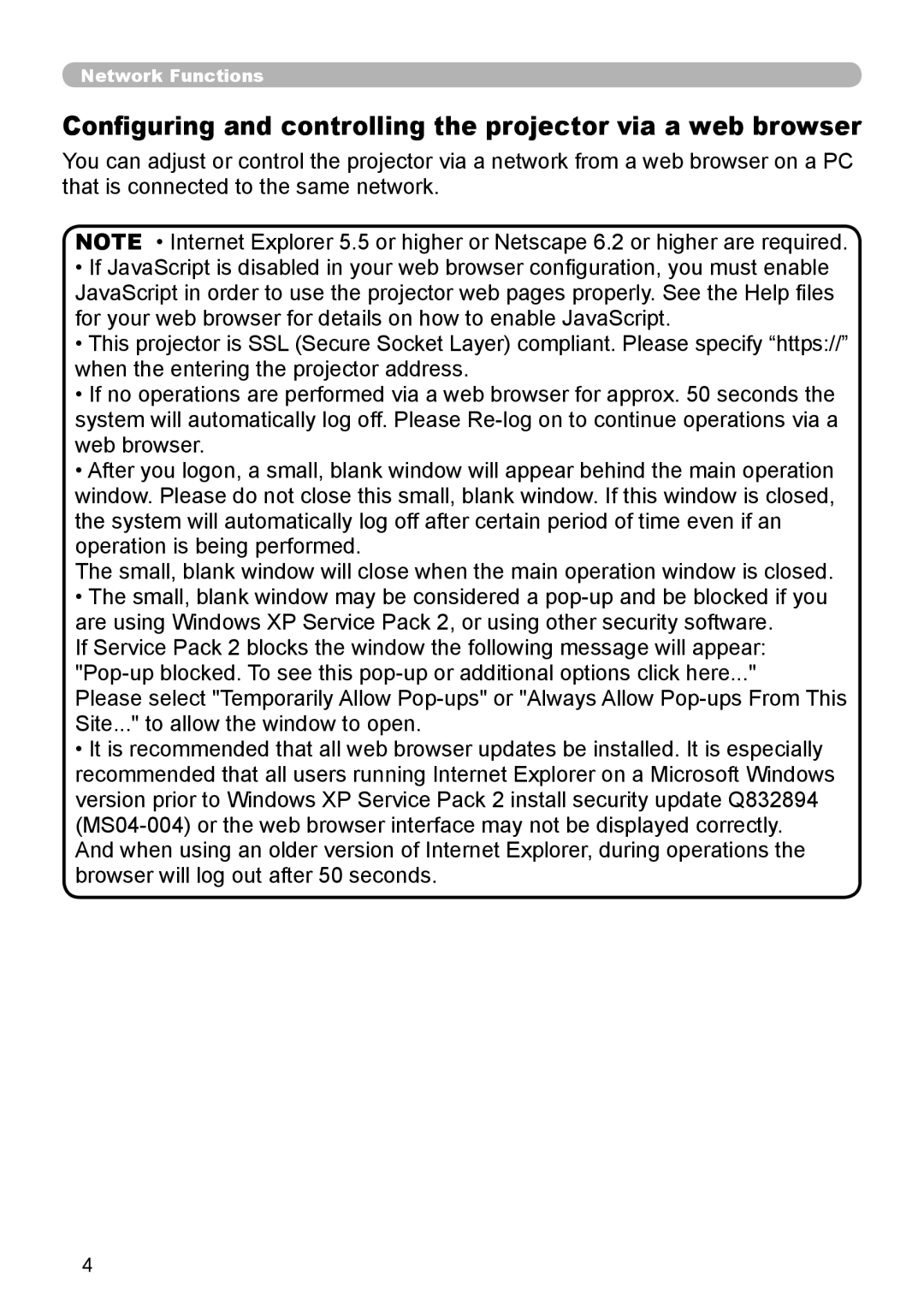 Hitachi CP-X255 user manual Conﬁguring and controlling the projector via a web browser 