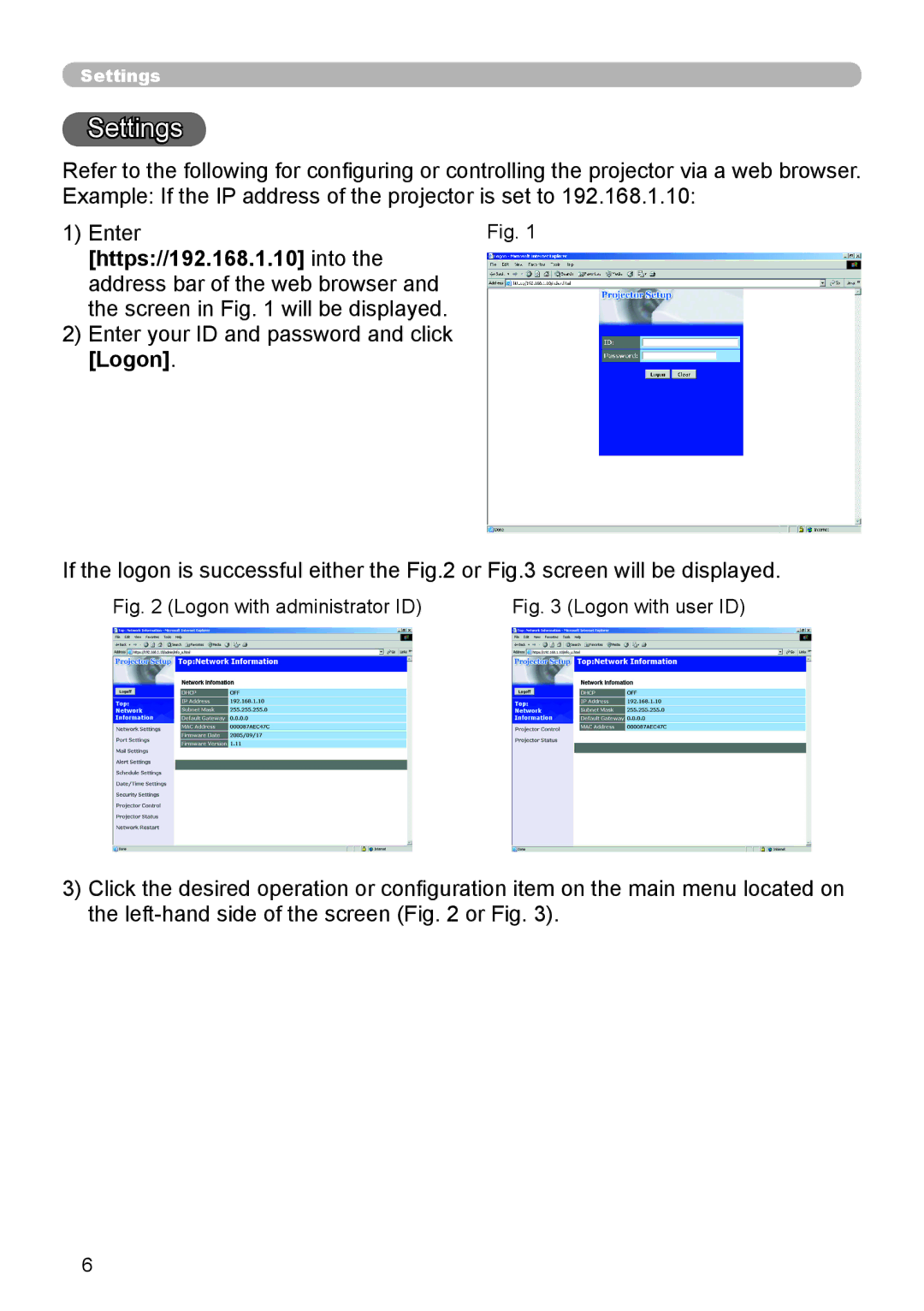 Hitachi CP-X255 user manual Settings, Https//192.168.1.10 into 