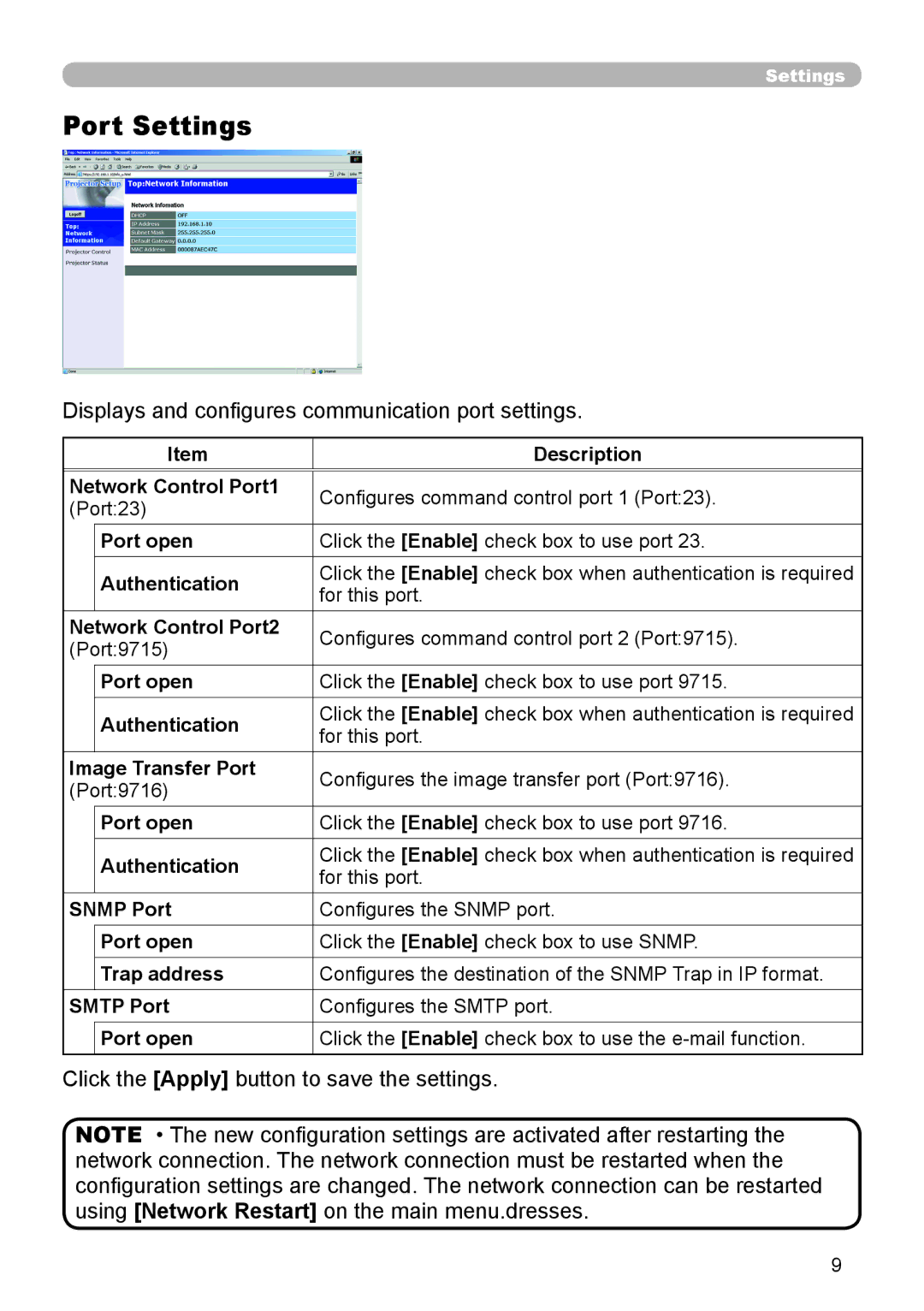 Hitachi CP-X255 user manual Port Settings, Displays and conﬁgures communication port settings 