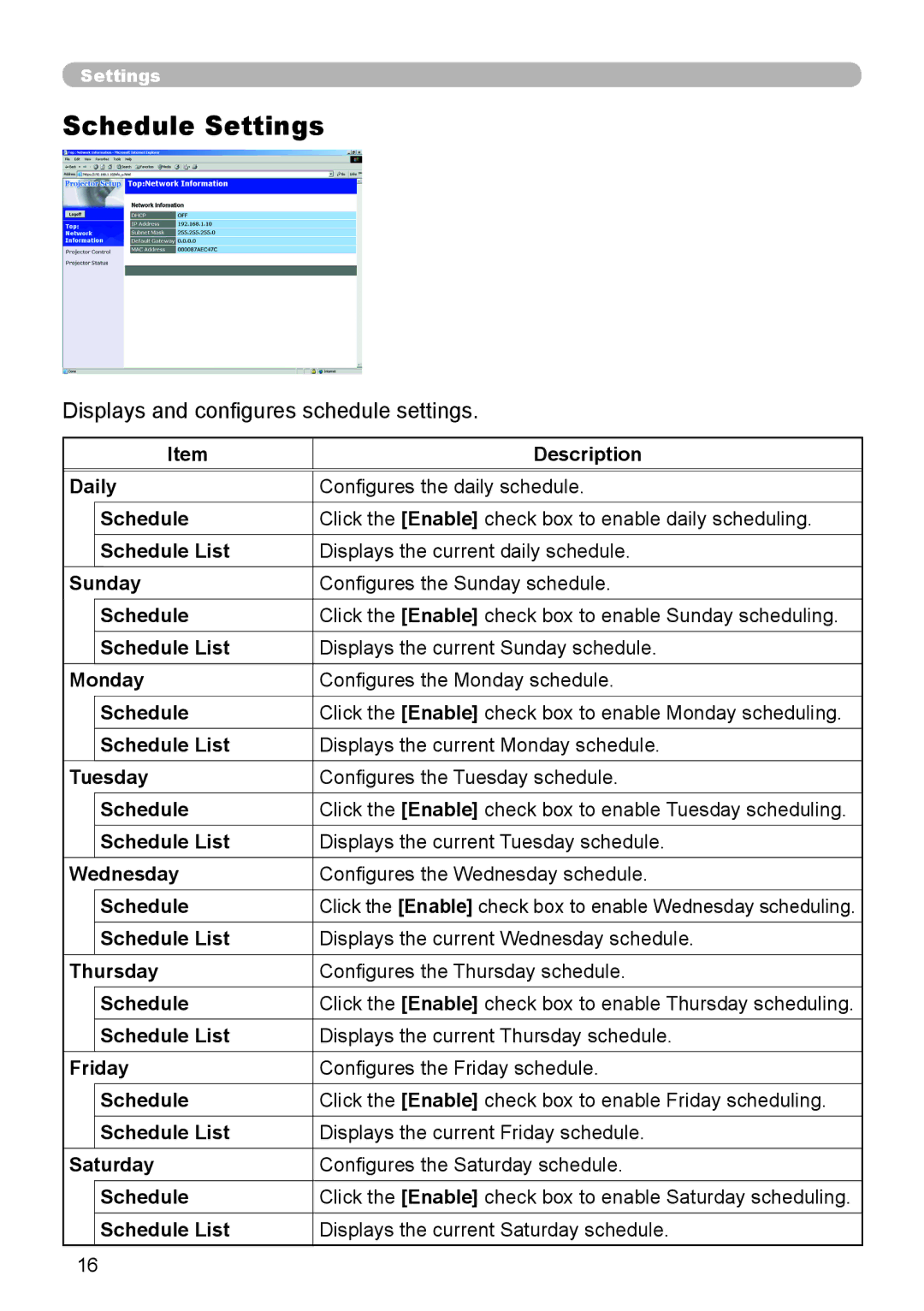 Hitachi CP-X255 user manual Schedule Settings, Displays and conﬁgures schedule settings 