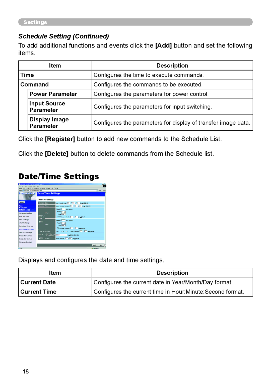 Hitachi CP-X255 user manual Date/Time Settings, Displays and conﬁgures the date and time settings, Parameter 