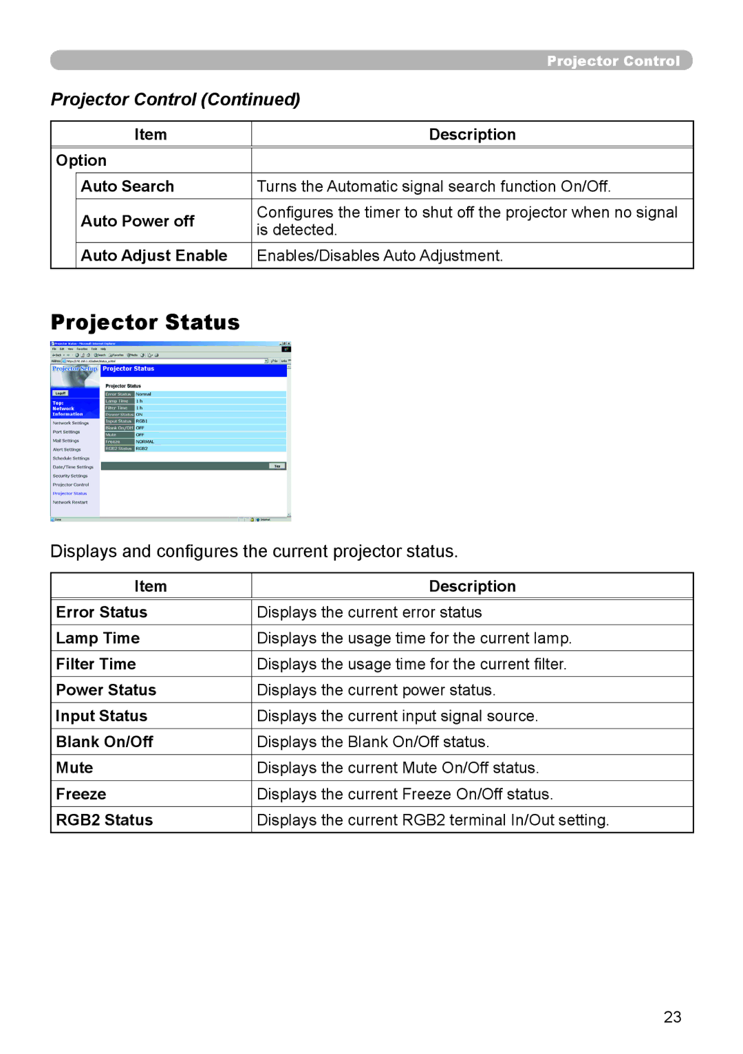 Hitachi CP-X255 user manual Projector Status, Displays and conﬁgures the current projector status 