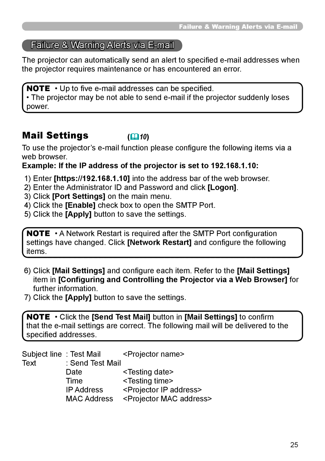 Hitachi CP-X255 user manual Failure & Warning Alerts via E -mail, 10, Example If the IP address of the projector is set to 