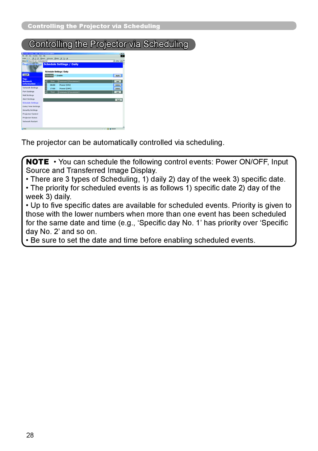 Hitachi CP-X255 user manual Controlling the Projector via Scheduling 